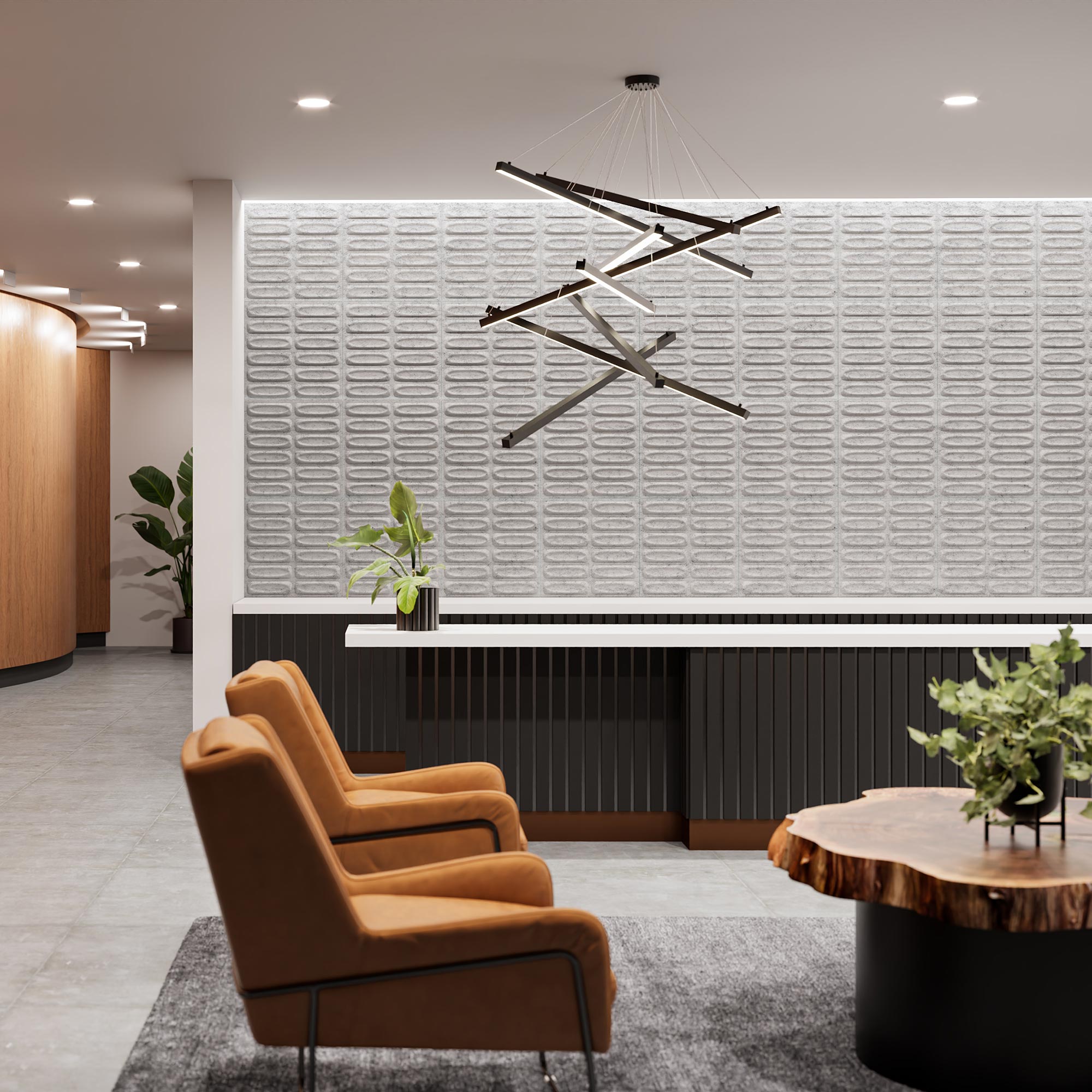 Architect Harmony3D acoustic felt wall panels in a bright modern reception lounge