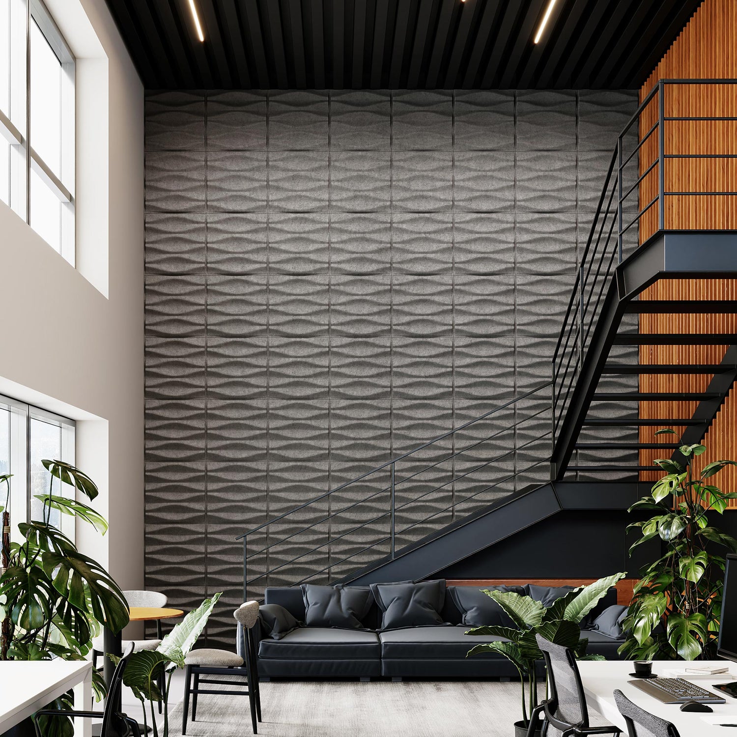 Origami Harmony3D dimensional acoustic wall panels installed in an industrial office