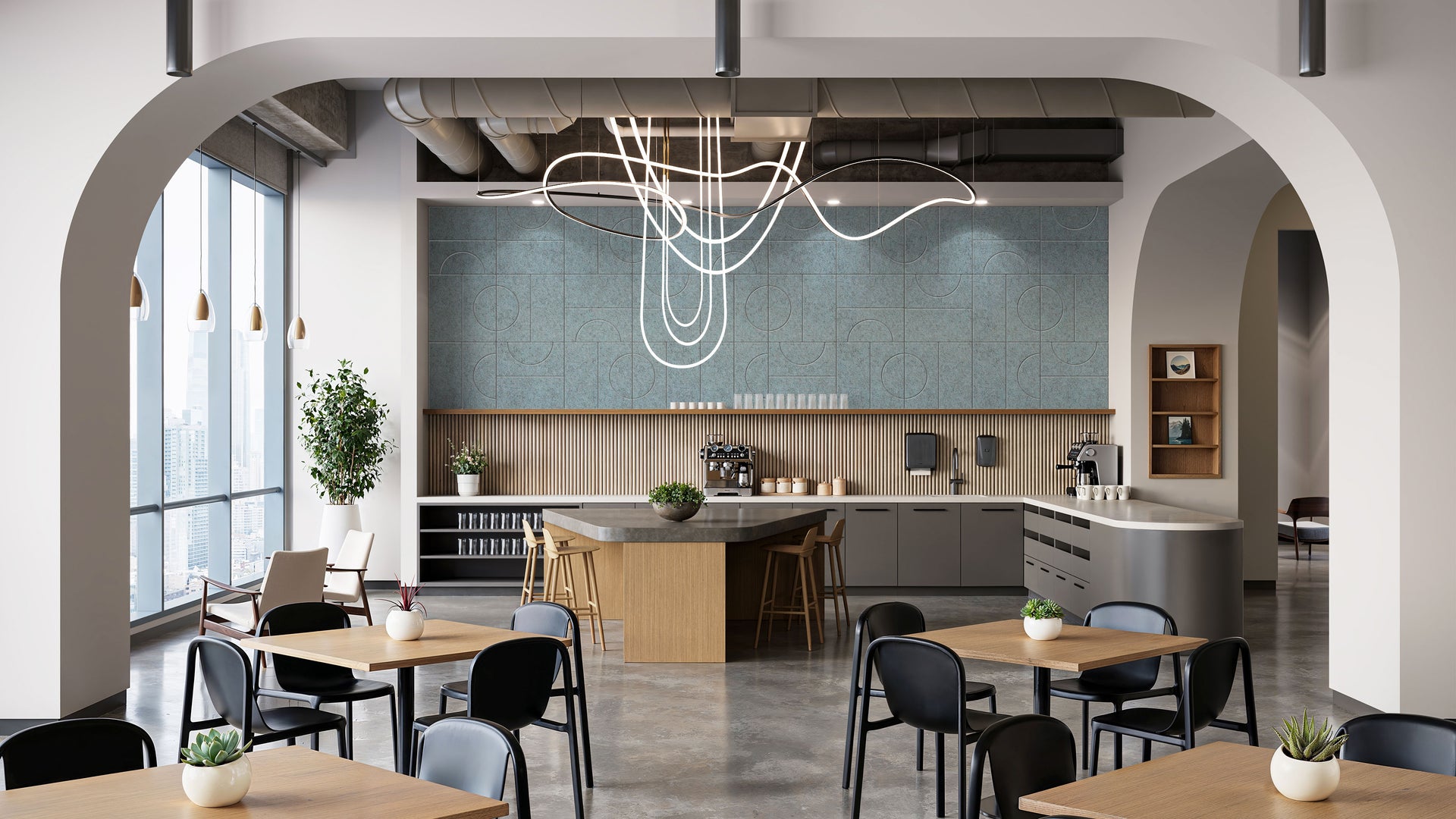 Parcel HarmonyCARV PET felt acoustic wall panels in a modern cafe by Inhabit.