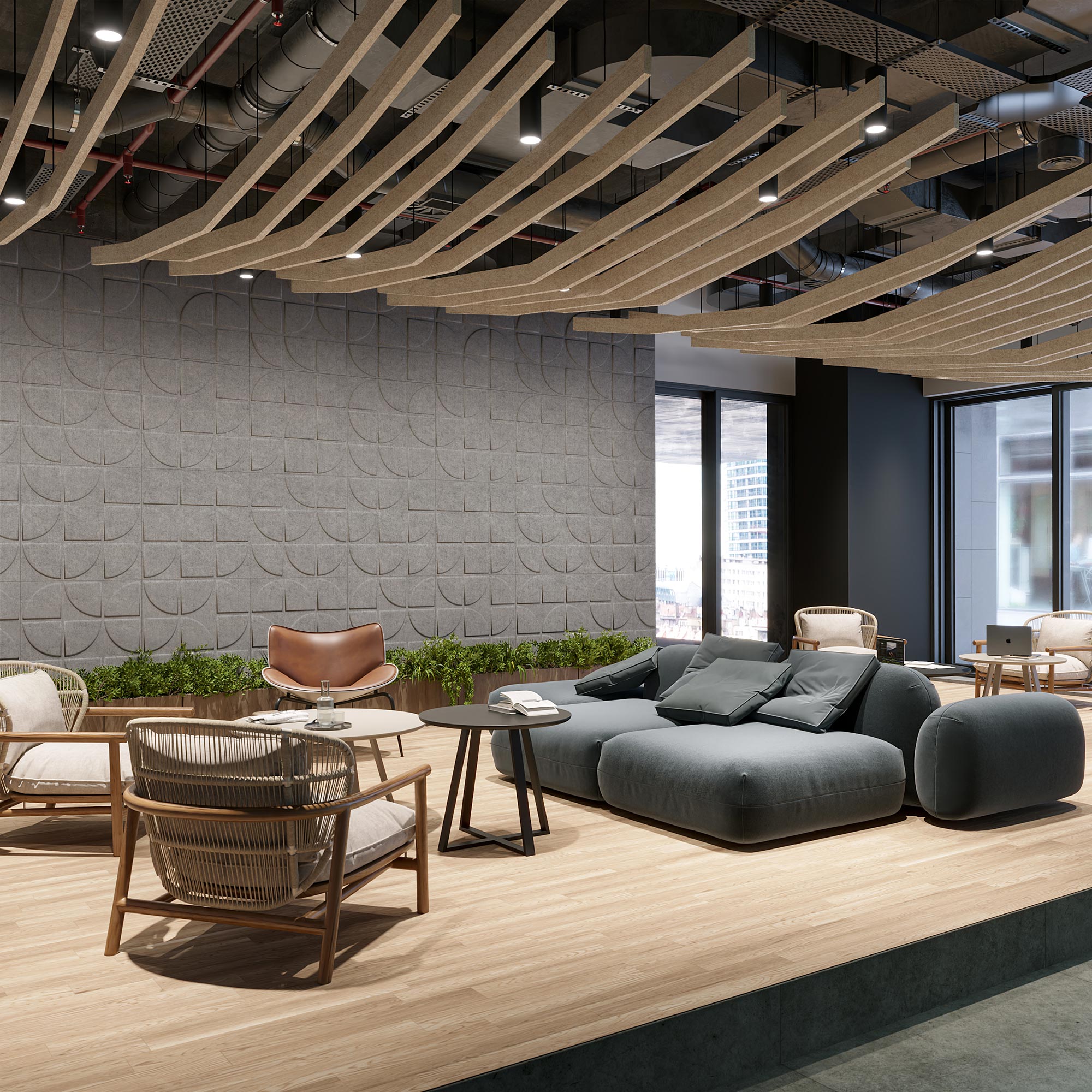 Light gray Rend Harmony3D acoustic felt wall panels in a contemporary meeting lounge with wood ceiling baffles