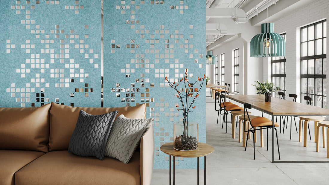 Seafoam Scatter HarmonyDIVDR acoustic felt panels dividing a contemporary open-plan interior