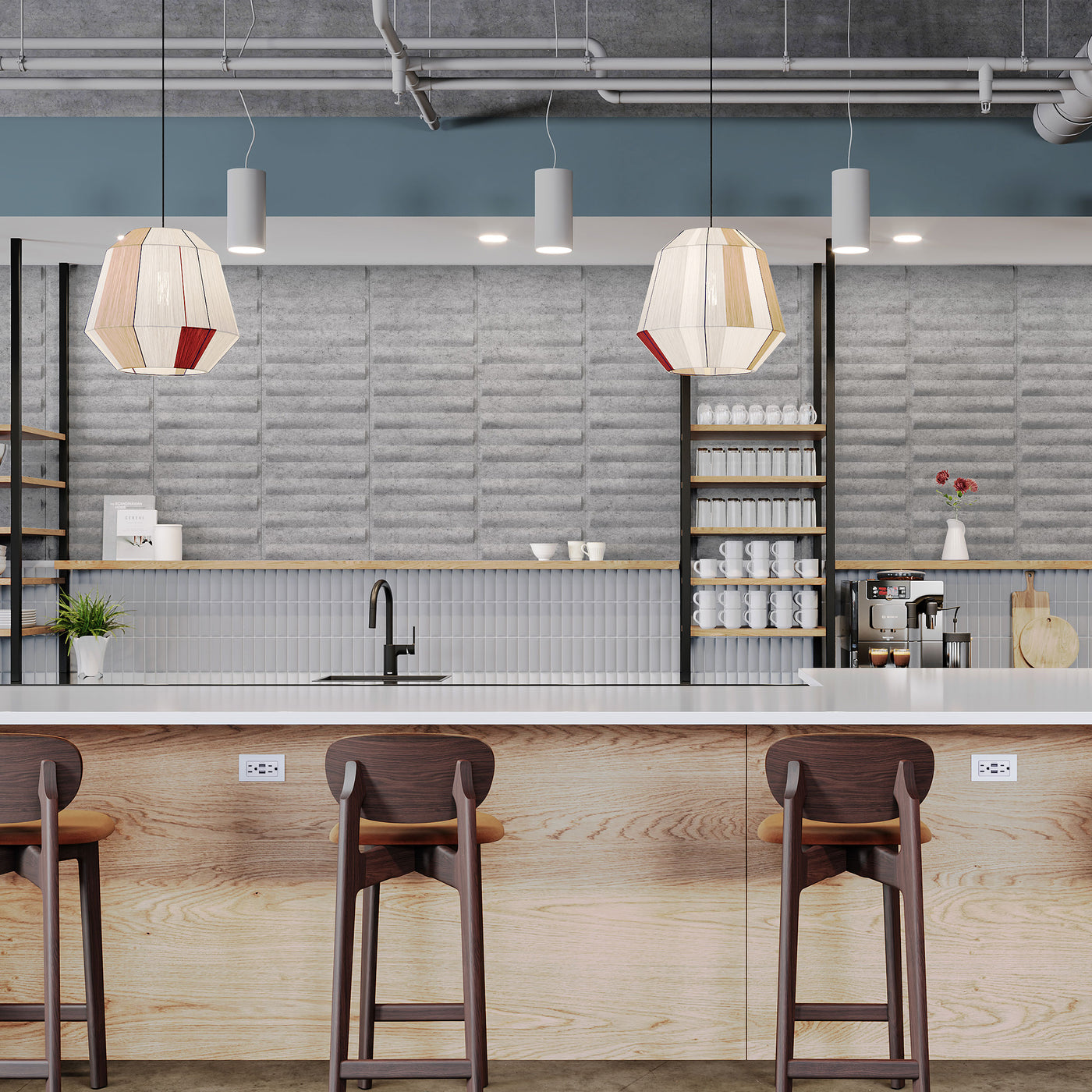 Modern hospitality interior featuring light gray Seesaw Harmony3D acoustic felt wall panels