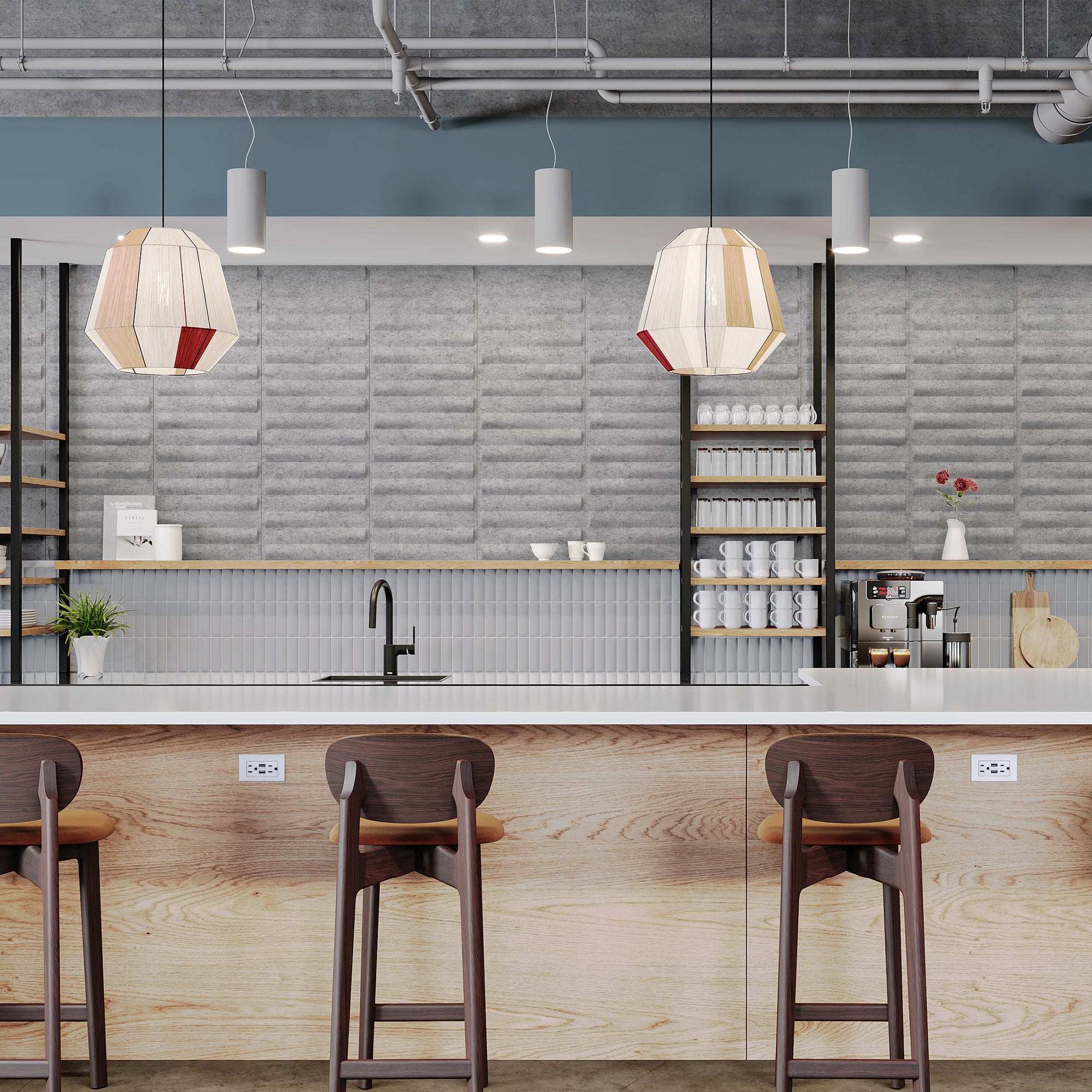 Light gray Seesaw Harmony3D acoustic felt wall panels behind a modern cafe counter
