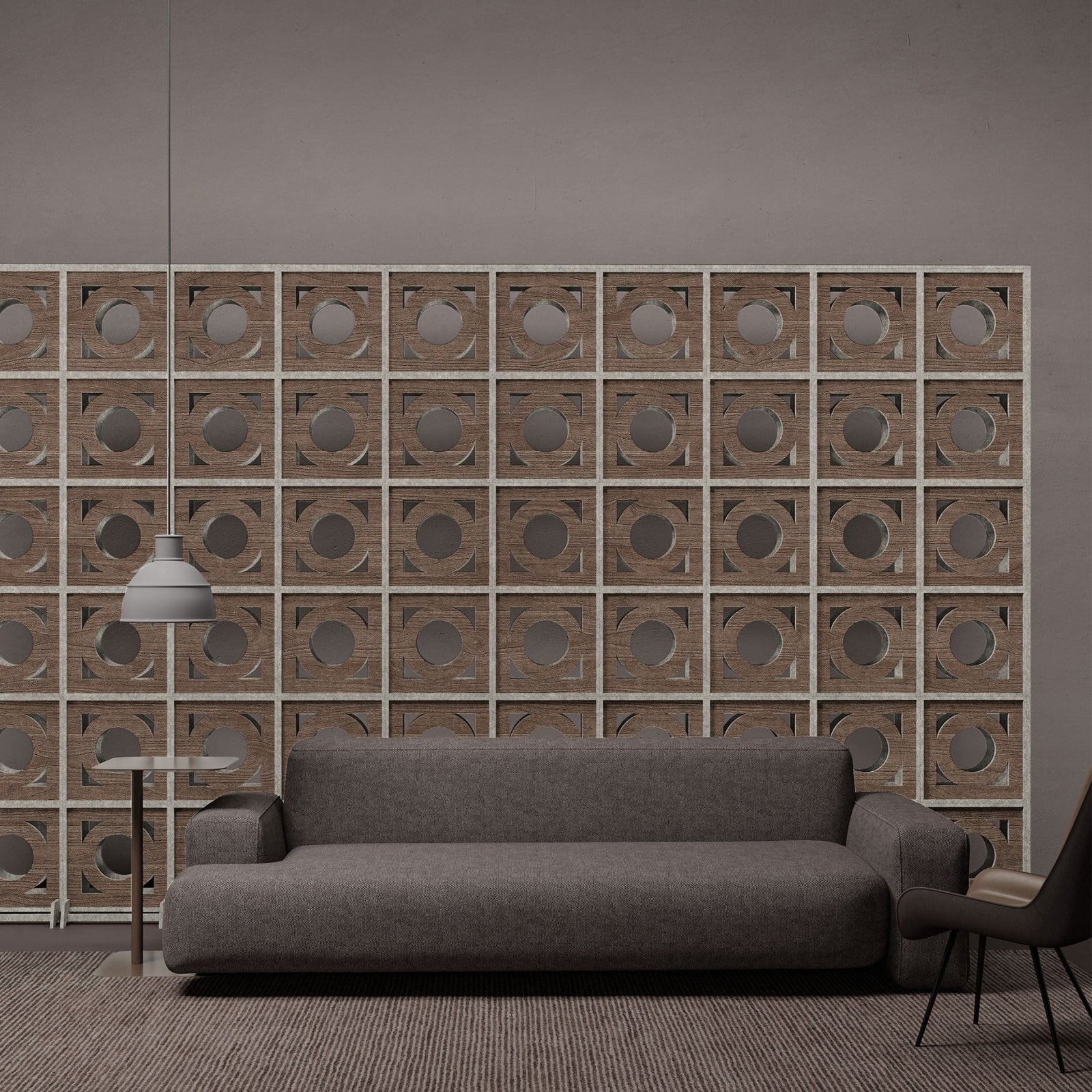 Wood-grain Canopy HarmonyBLOKS acoustic room divider by Inhabit behind a sofa
