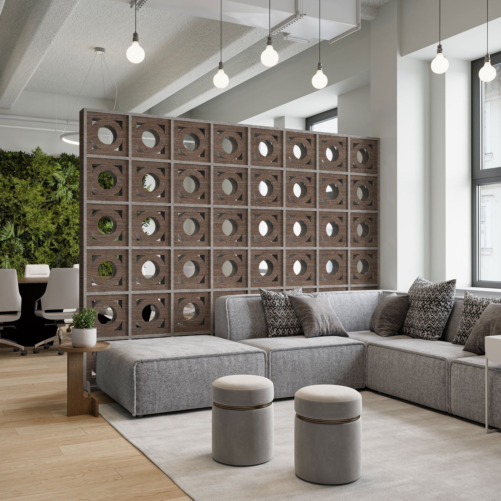 Wood-grain Canopy HarmonyBLOKS room divider separating a modern office lounge