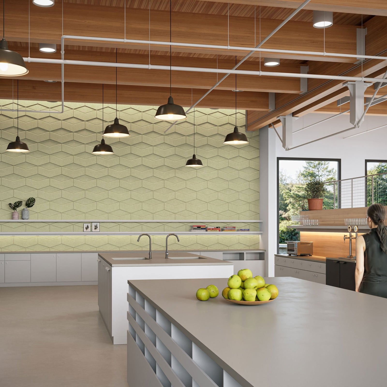 Sand Cantilever HarmonyCARV acoustic wall tiles on a modern kitchen wall
