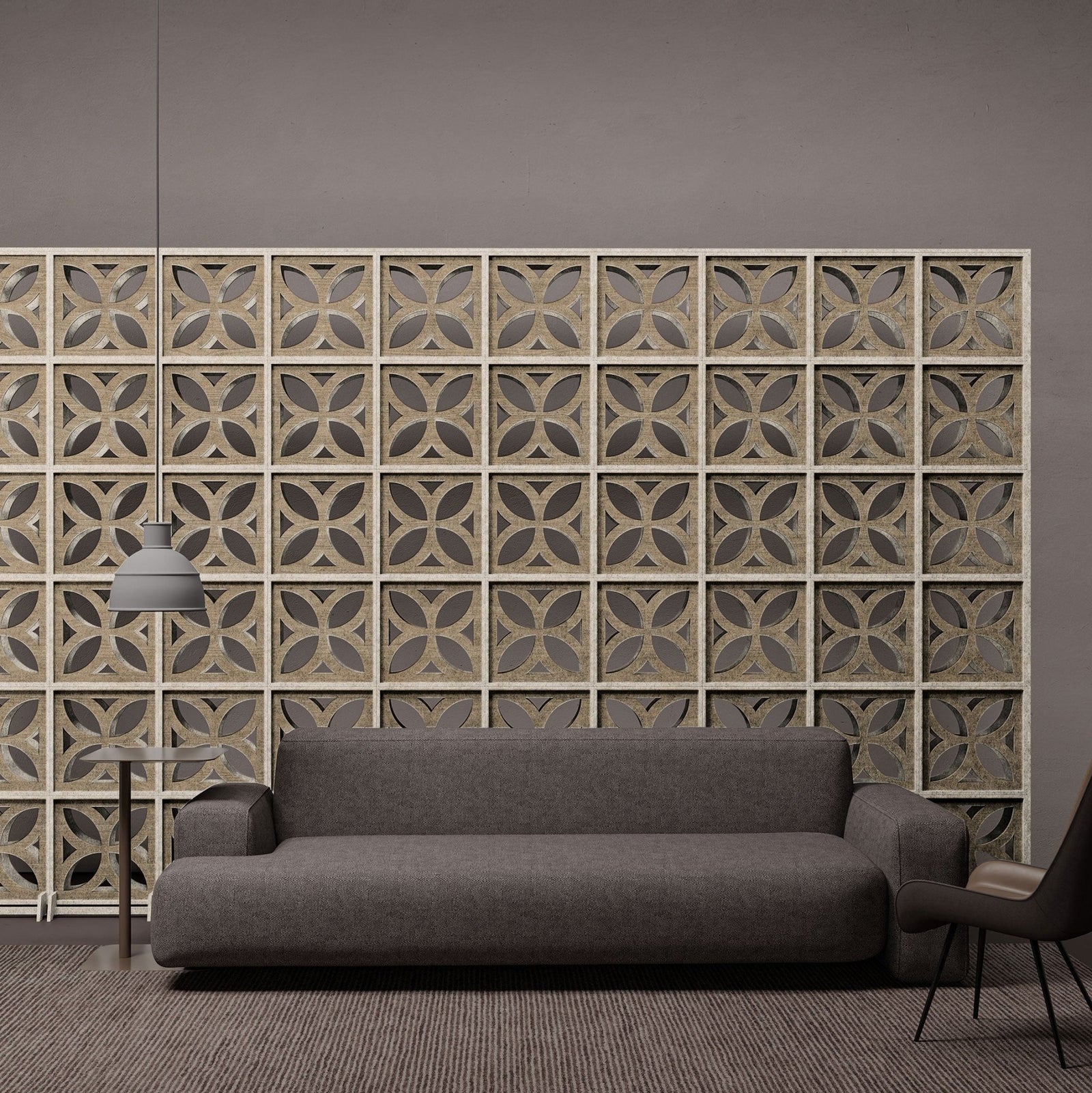 Natural wood Chrysalis HarmonyBLOKS acoustic room divider by Inhabit behind a sofa