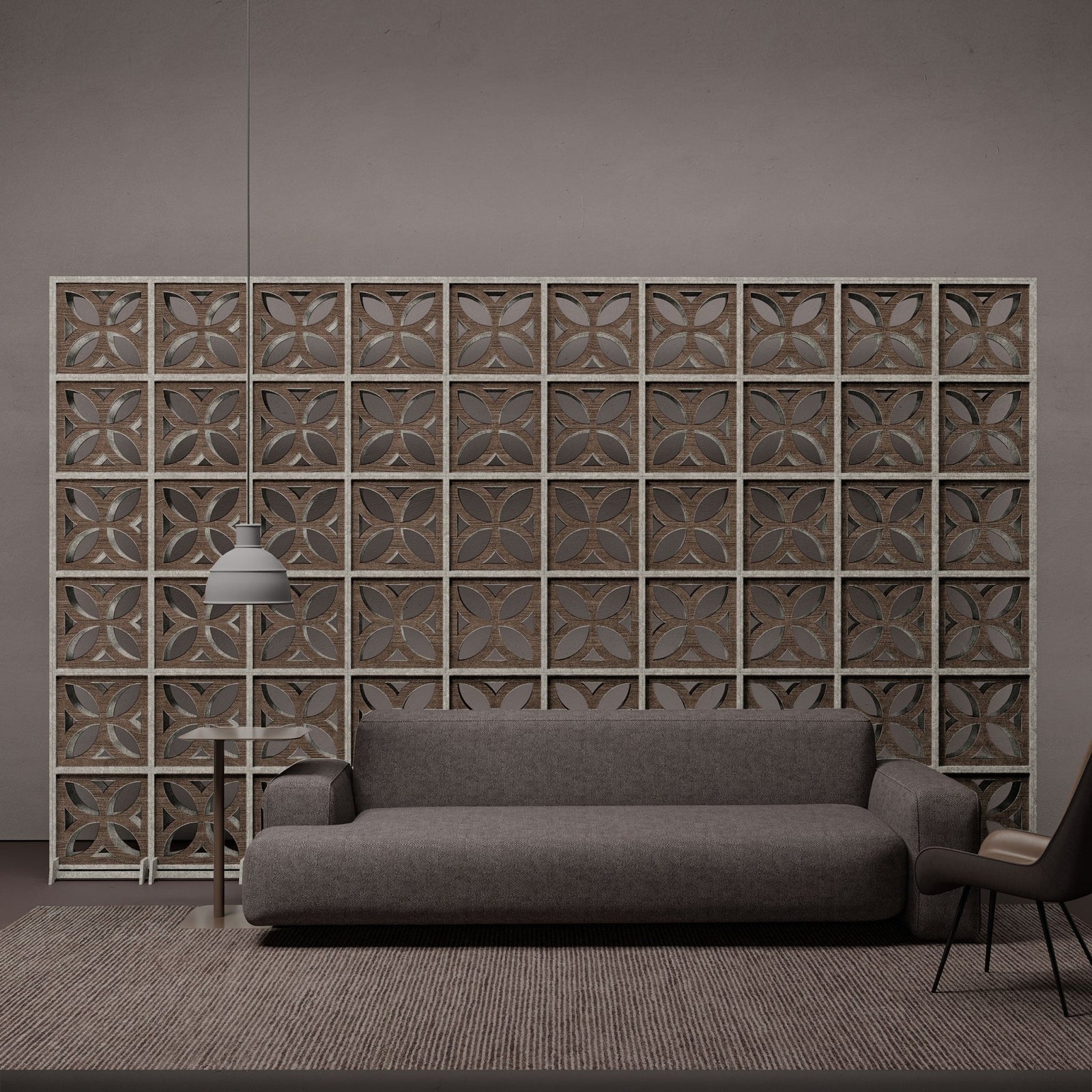 Dark wood Chrysalis HarmonyBLOKS acoustic room divider behind a sofa