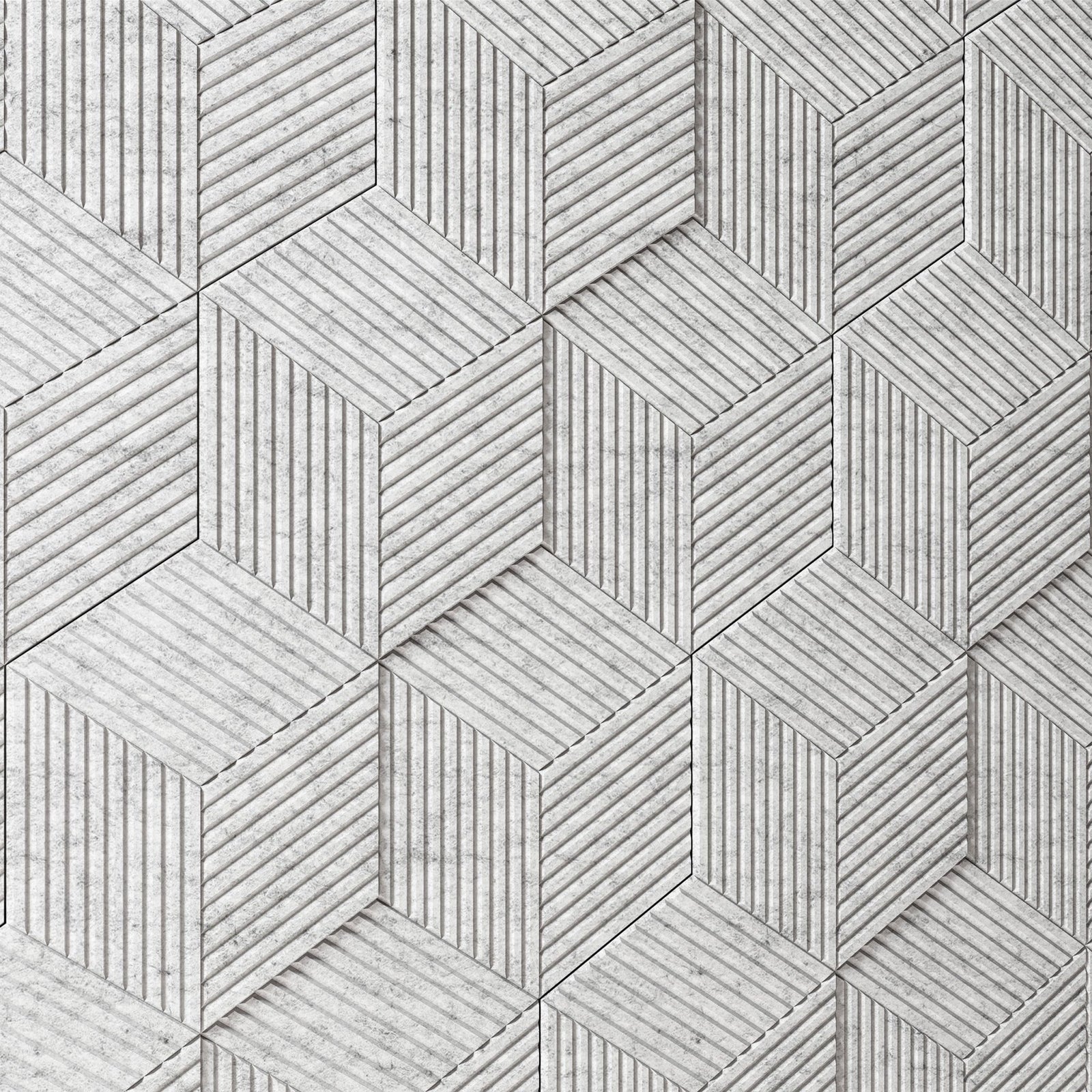 Light gray Corrugate Narrow HarmonyCARV acoustic wall tiles by Inhabit in a cube pattern