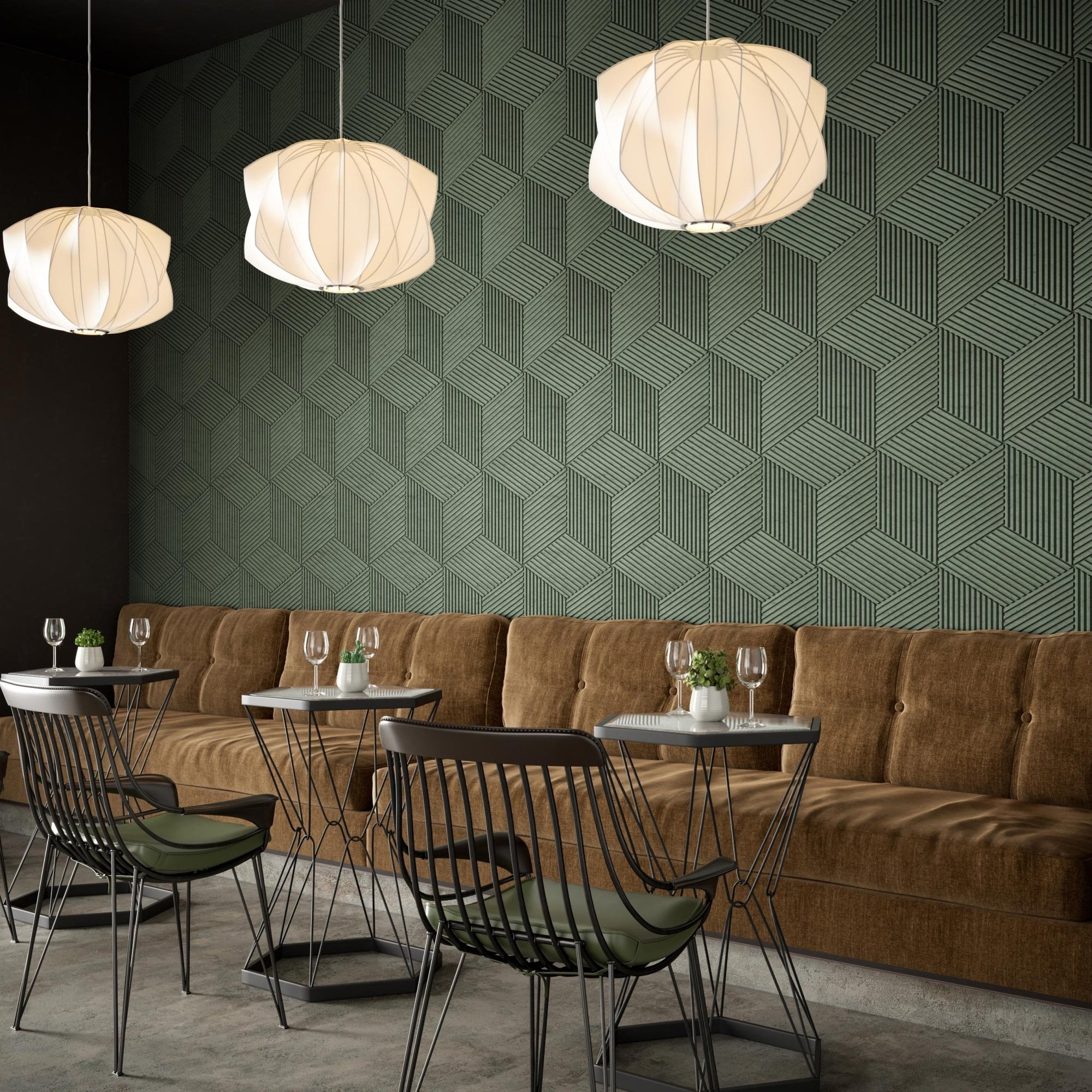 Green Corrugate Narrow HarmonyCARV acoustic felt wall tiles in a modern restaurant