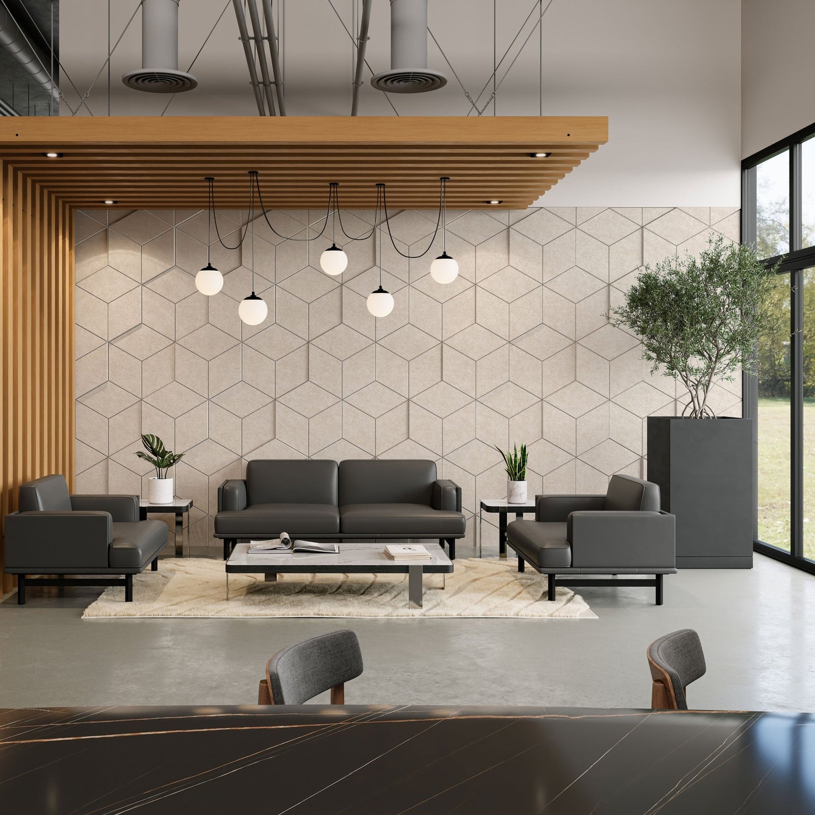 Corrugate Smooth HarmonyCARV acoustic wall tiles in a modern office lounge