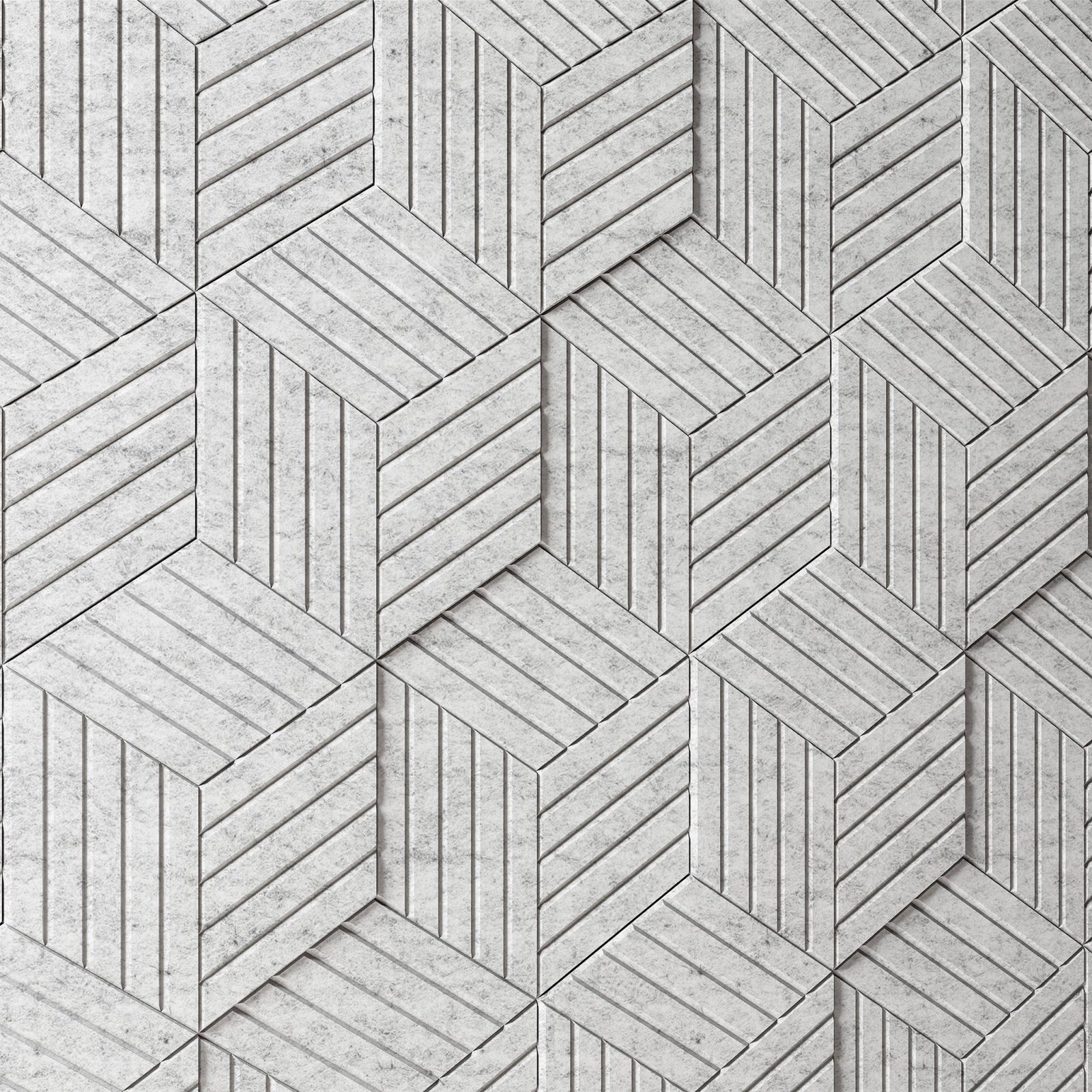 Light gray Corrugate Wide HarmonyCARV acoustic wall tiles by Inhabit in a cube pattern