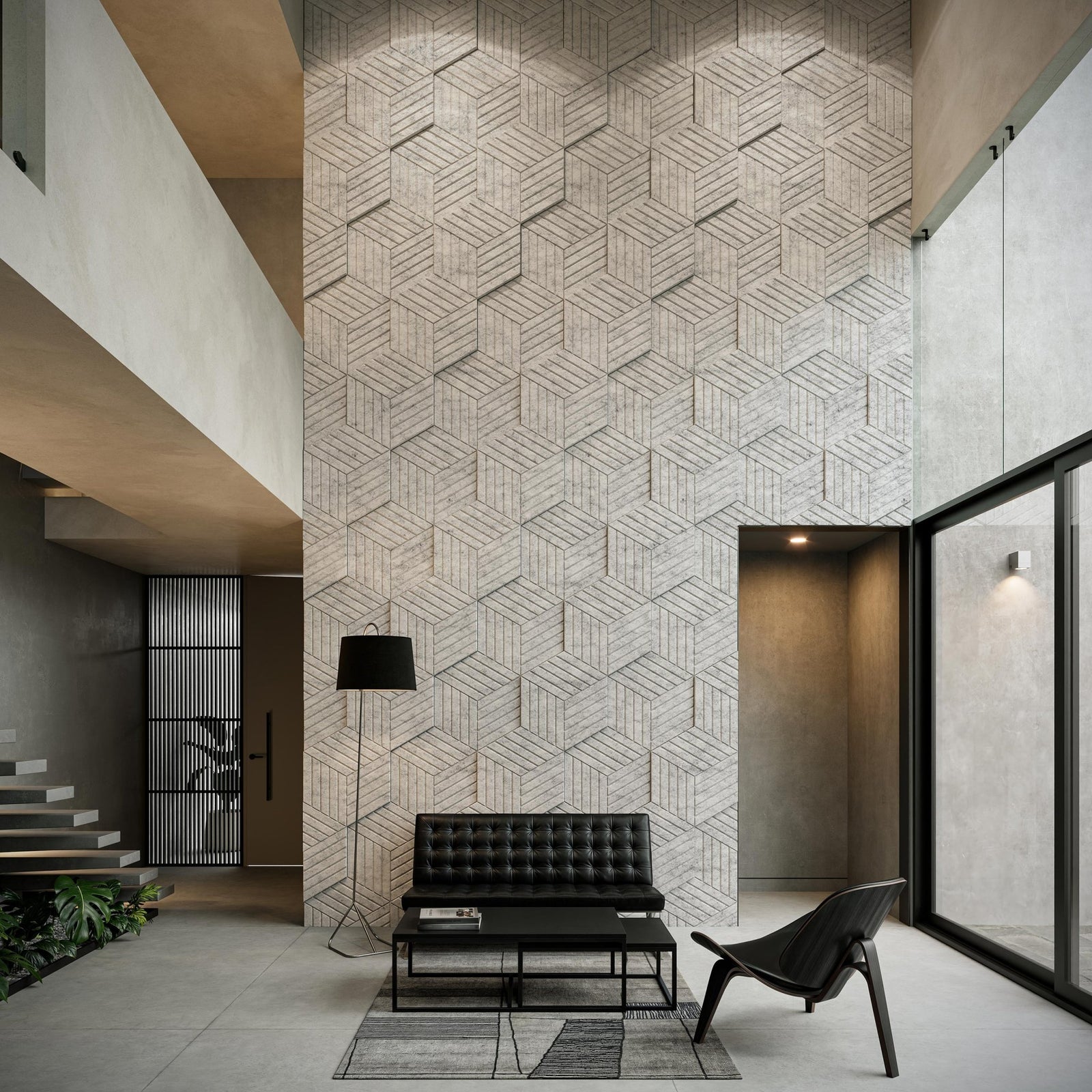 Corrugate Wide HarmonyCARV acoustic wall tiles on a tall modern lobby wall