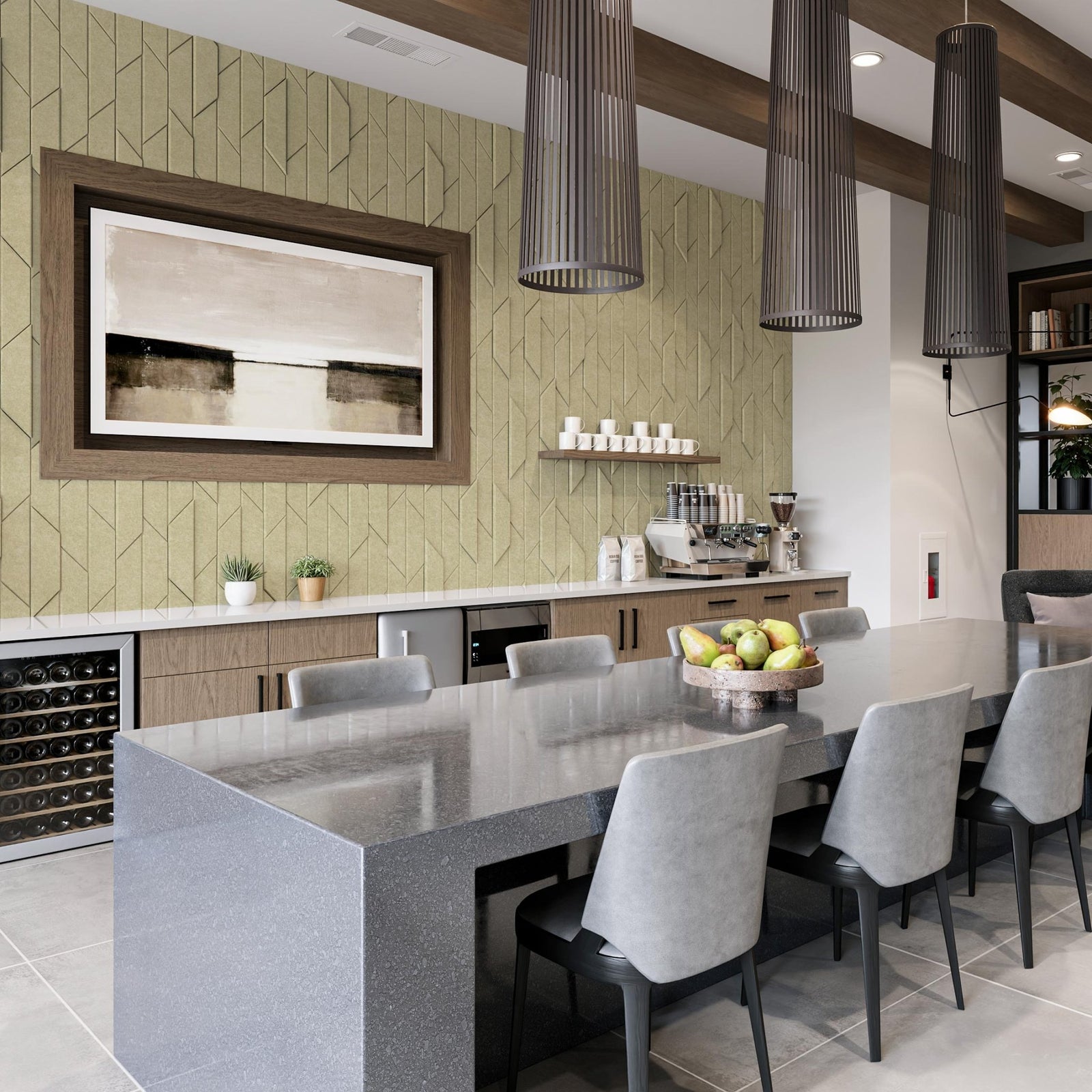 Green End Grain HarmonyCARV acoustic wall tiles behind a modern bar