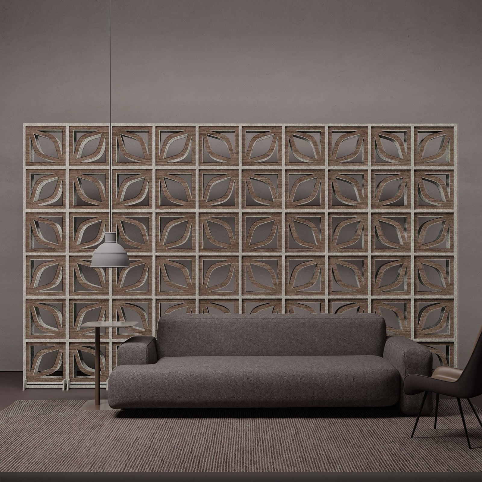 Dark walnut Folio HarmonyBLOKS acoustic room divider behind a sofa
