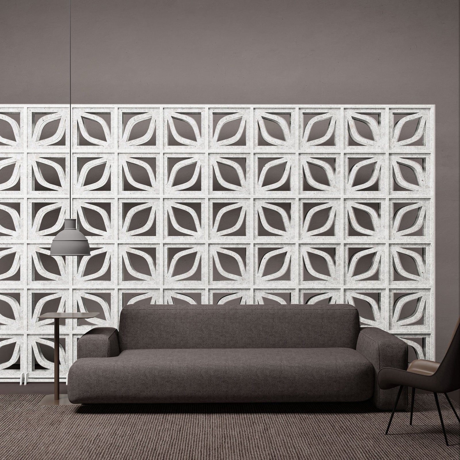 White Folio HarmonyBLOKS acoustic room divider by Inhabit behind a sofa