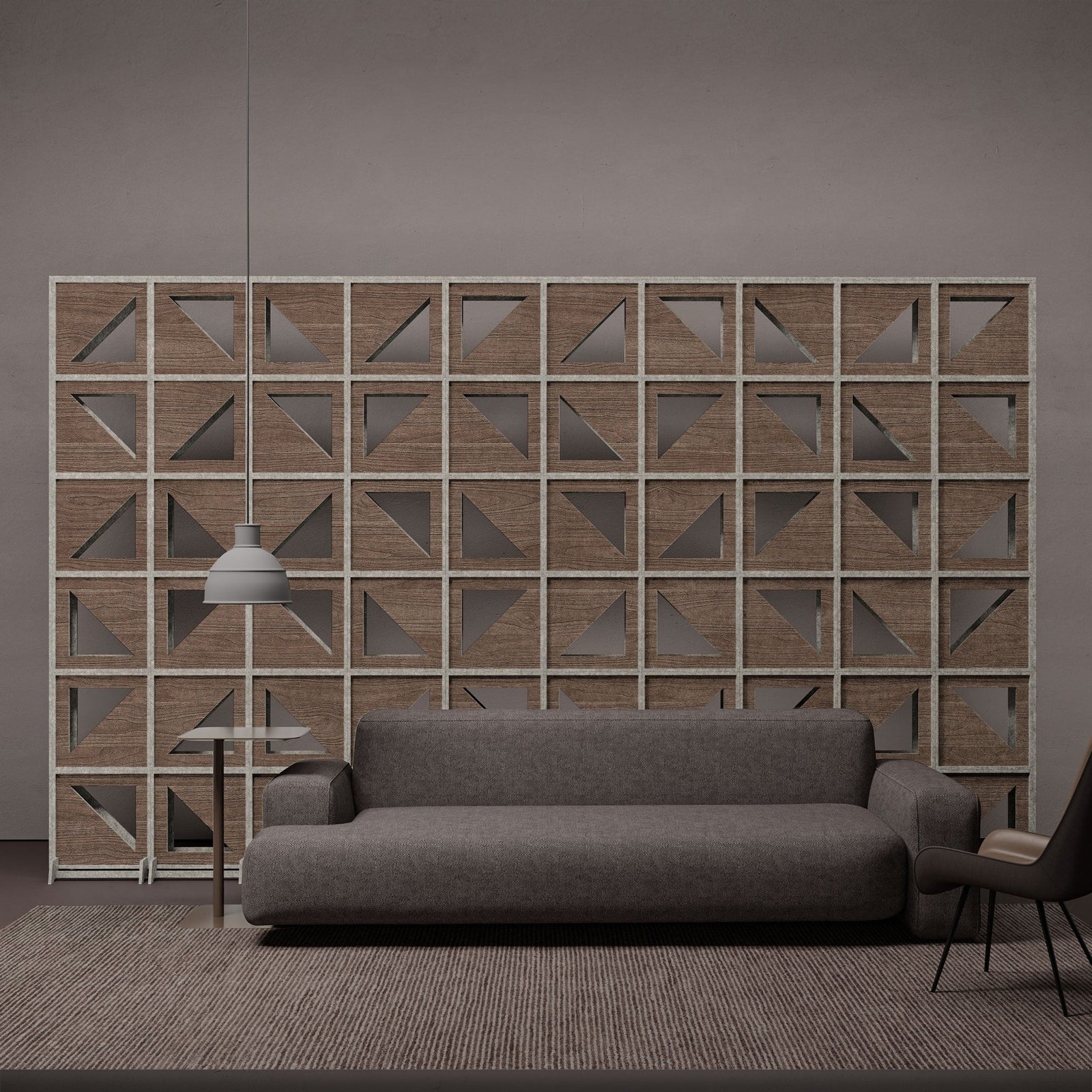 Hatch HarmonyBLOKS dark wood-grain room divider in a modern lounge.