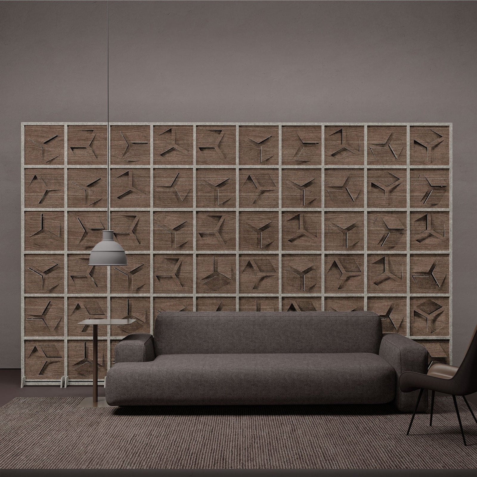Hex HarmonyBLOKS dark wood-grain room divider in a modern lounge.