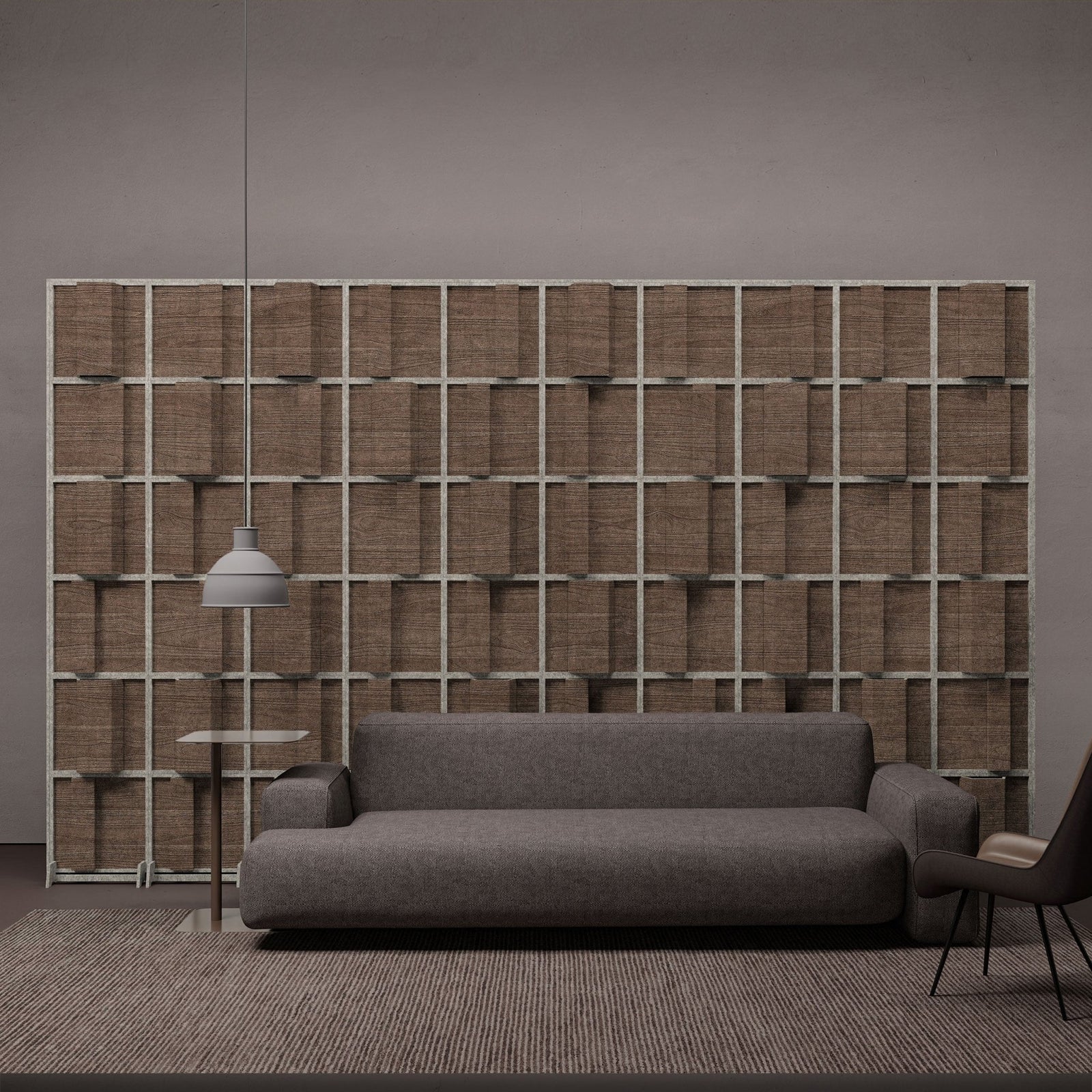 Hinge HarmonyBLOKS dark wood-grain room divider in a modern lounge.