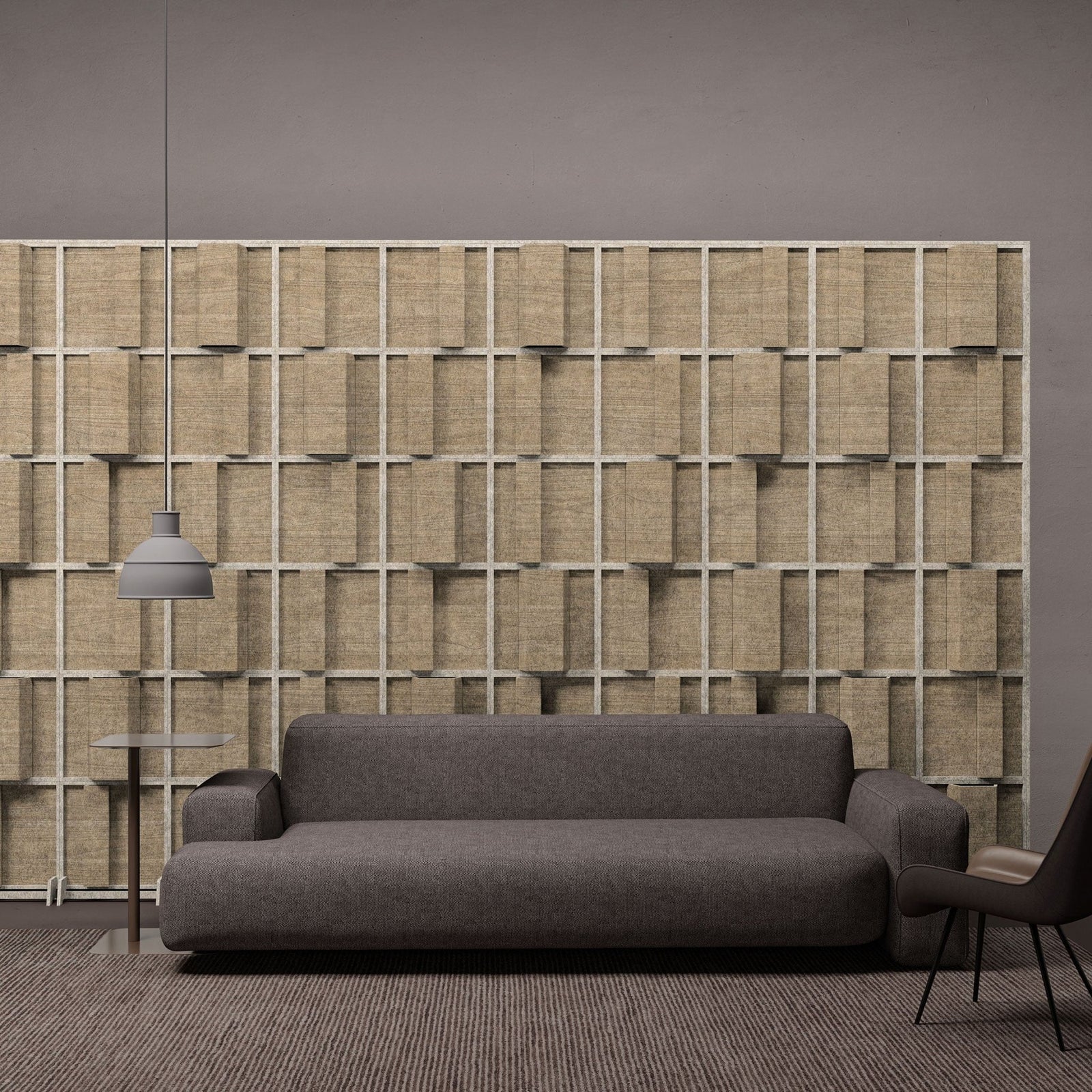 Hinge HarmonyBLOKS white geometric acoustic room divider behind a gray sofa by Inhabit.