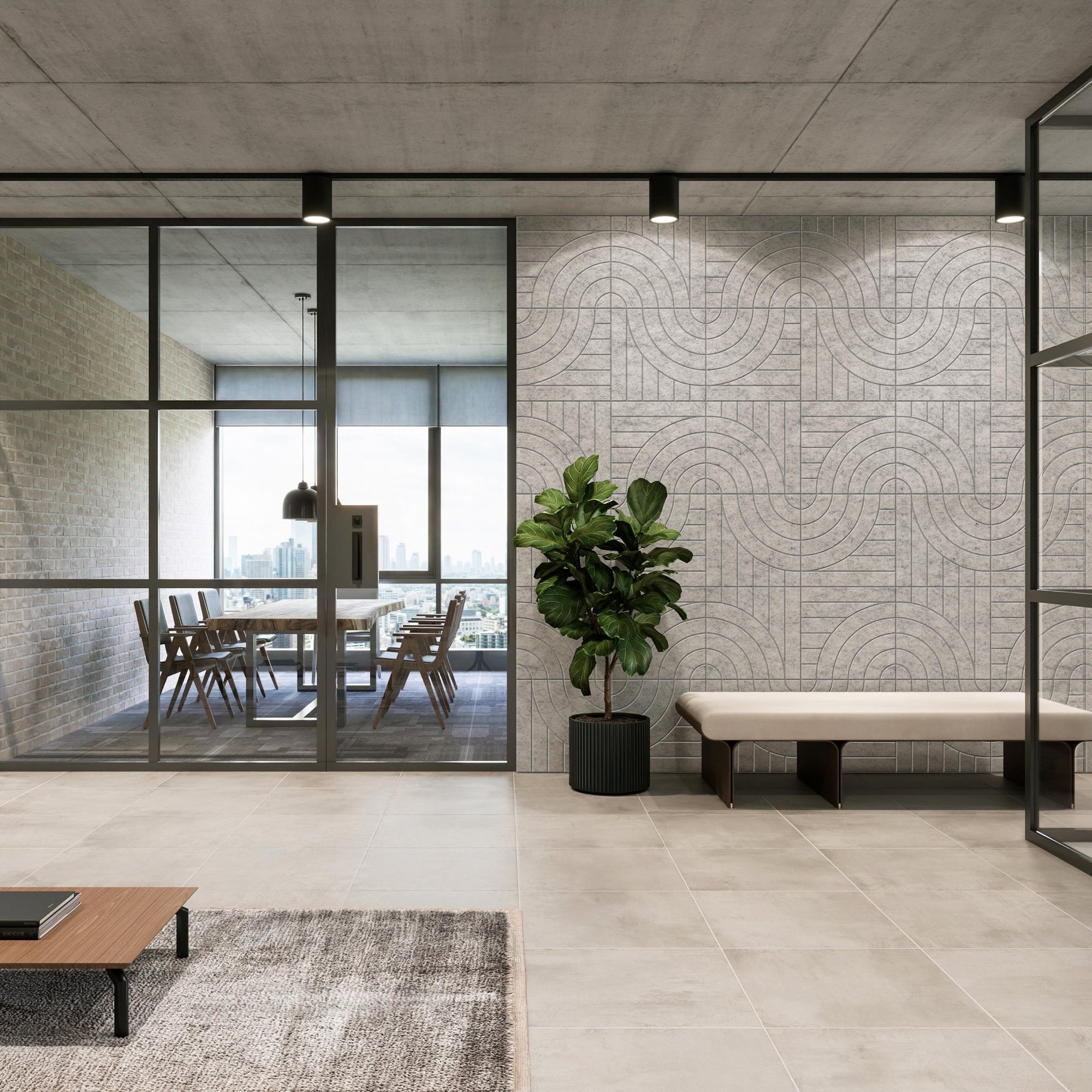 Intersect HarmonyCARV acoustic felt wall panels in a glass-walled office