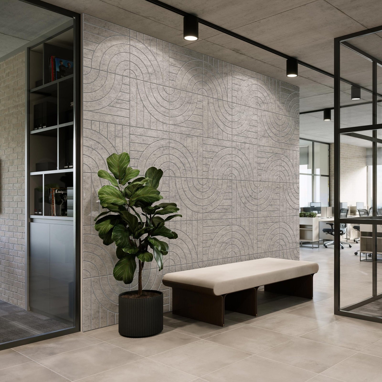 Intersect HarmonyCARV carved acoustic panels in a modern office corridor.