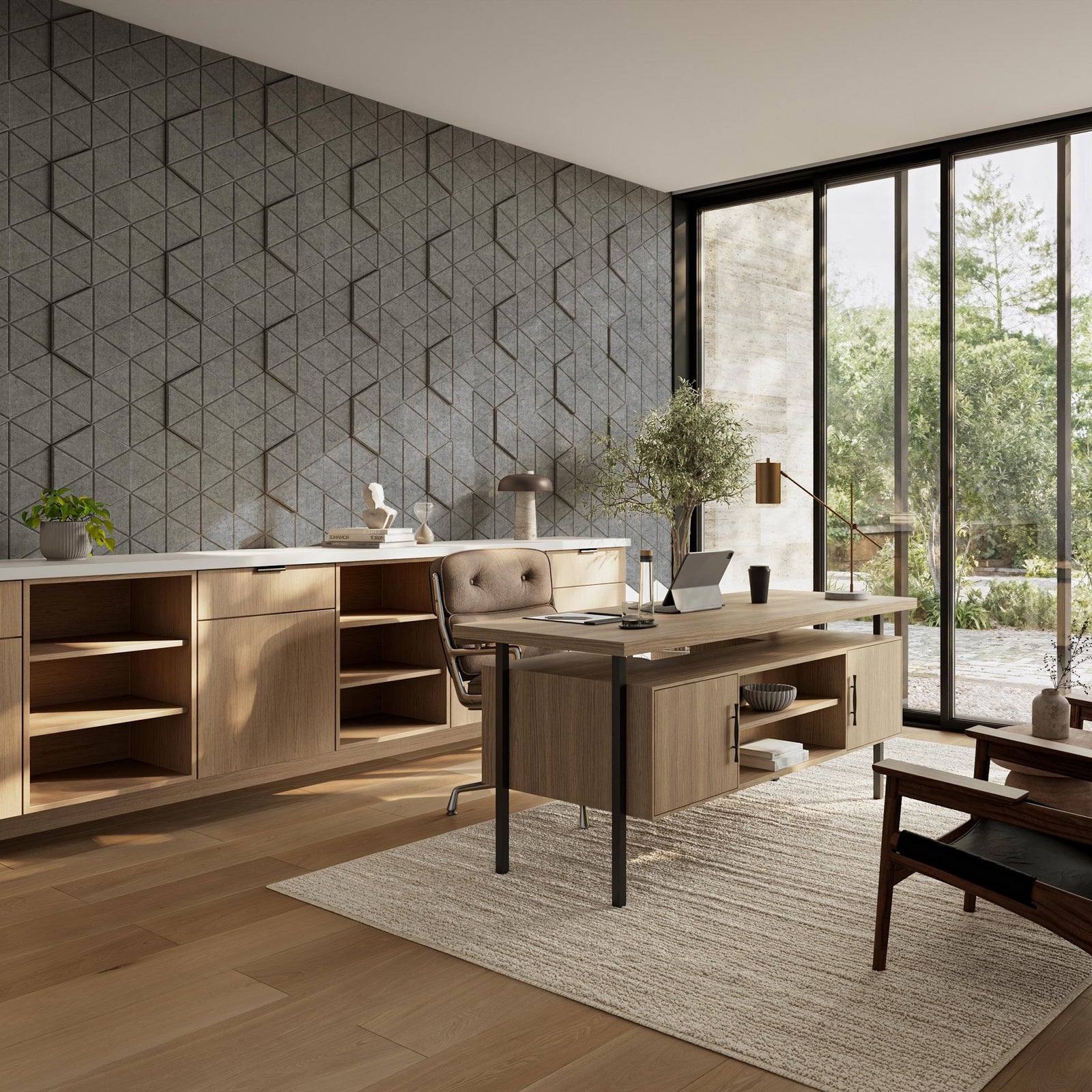 Jig HarmonyCARV geometric acoustic wall tiles in a modern home office.