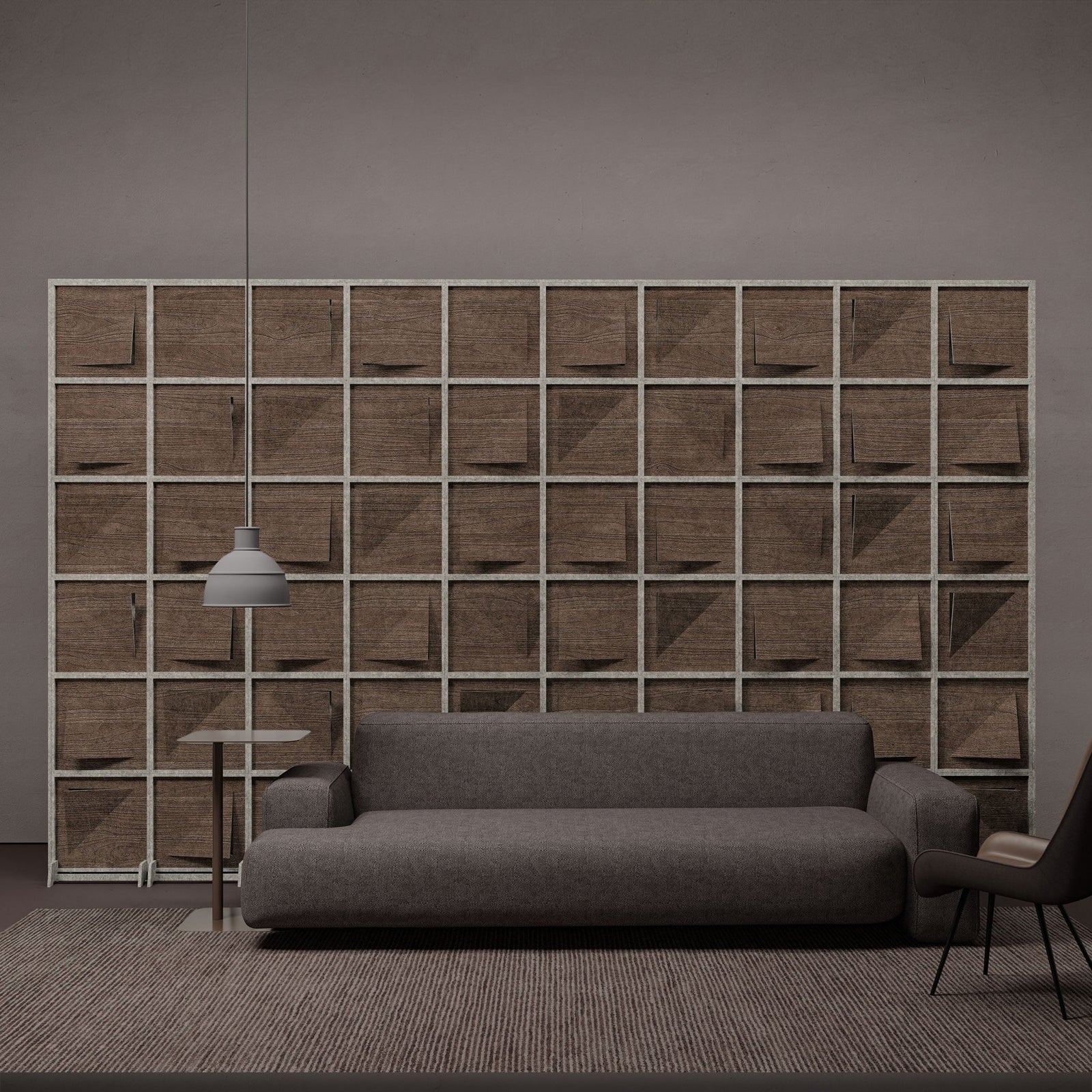 Joist HarmonyBLOKS dark wood-grain divider in a modern lounge.