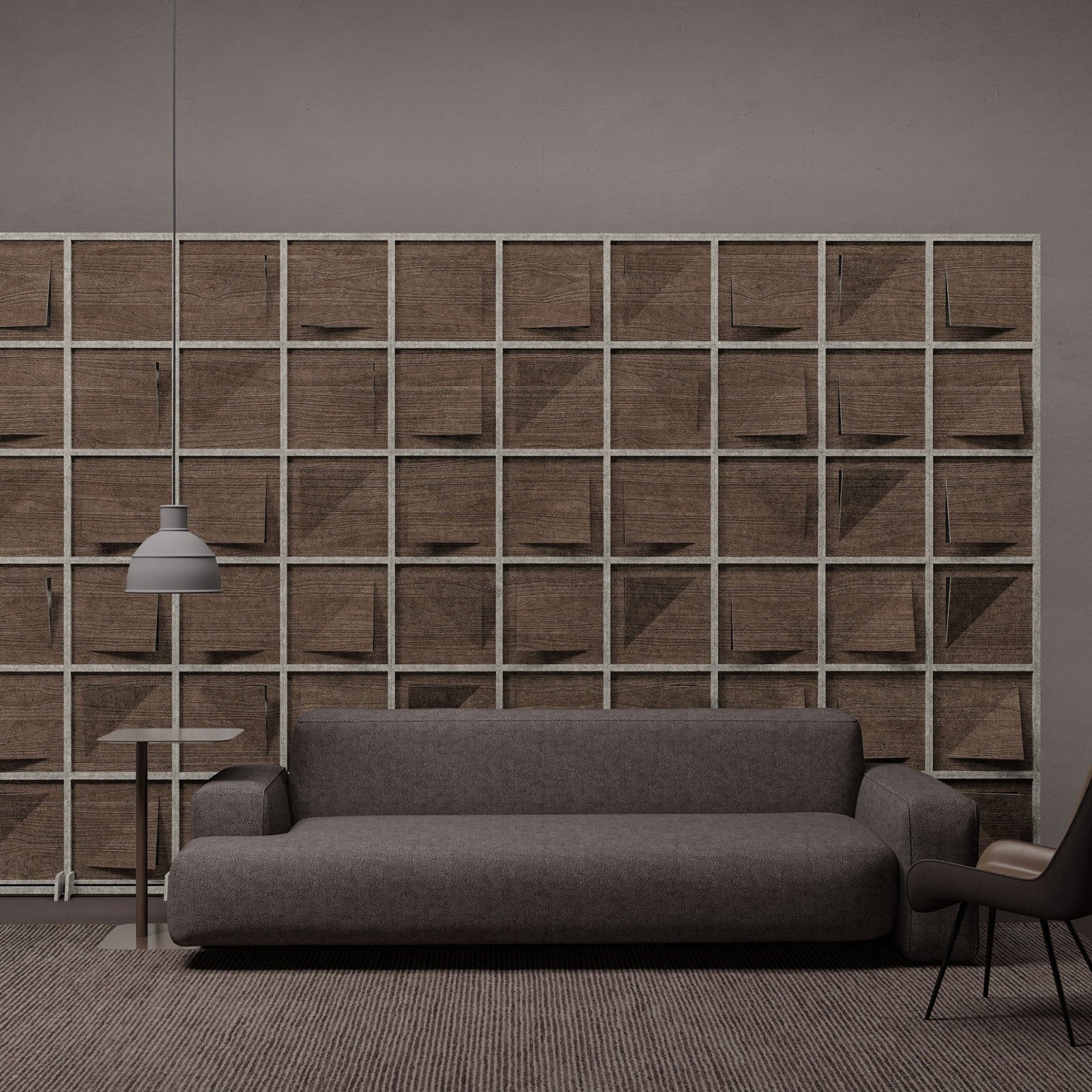 Joist HarmonyBLOKS walnut acoustic room divider behind a gray sofa by Inhabit.