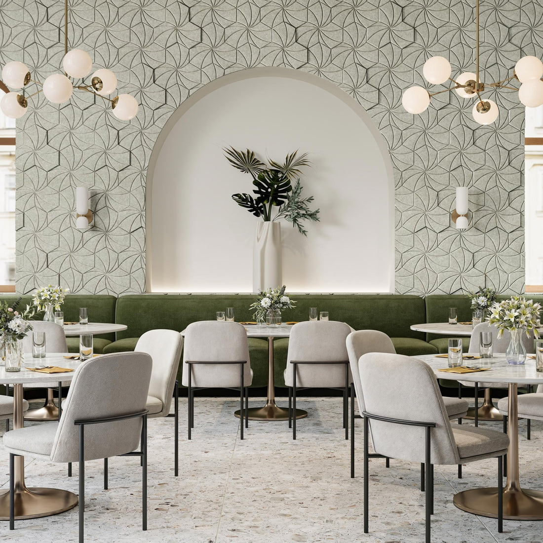 Kaleidoscope HarmonyCARV acoustic felt wall tiles in an elegant restaurant dining room