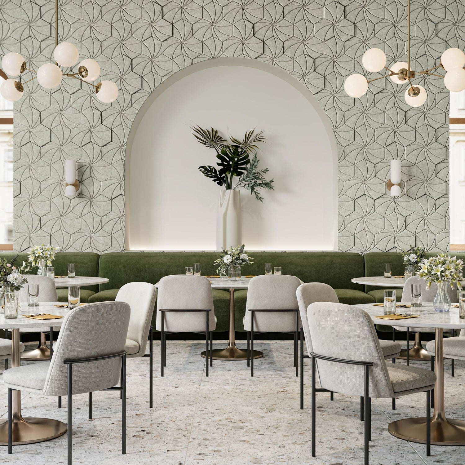 Kaleidoscope HarmonyCARV acoustic felt wall tiles installed in an elegant restaurant