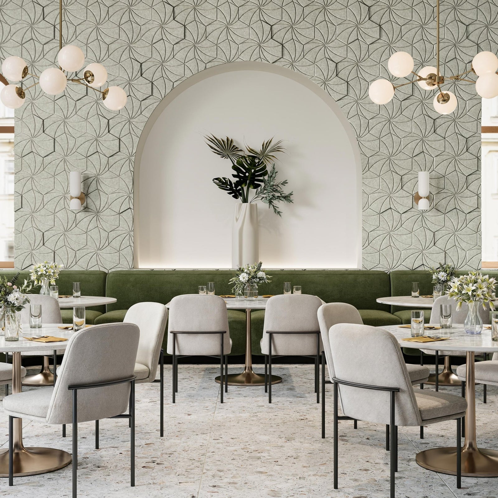 Kaleidoscope HarmonyCARV acoustic wall tiles in an elegant restaurant.