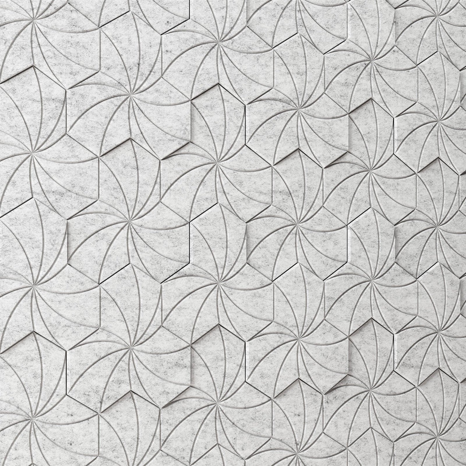 Kaleidoscope HarmonyCARV white PET felt acoustic wall tile pattern by Inhabit.