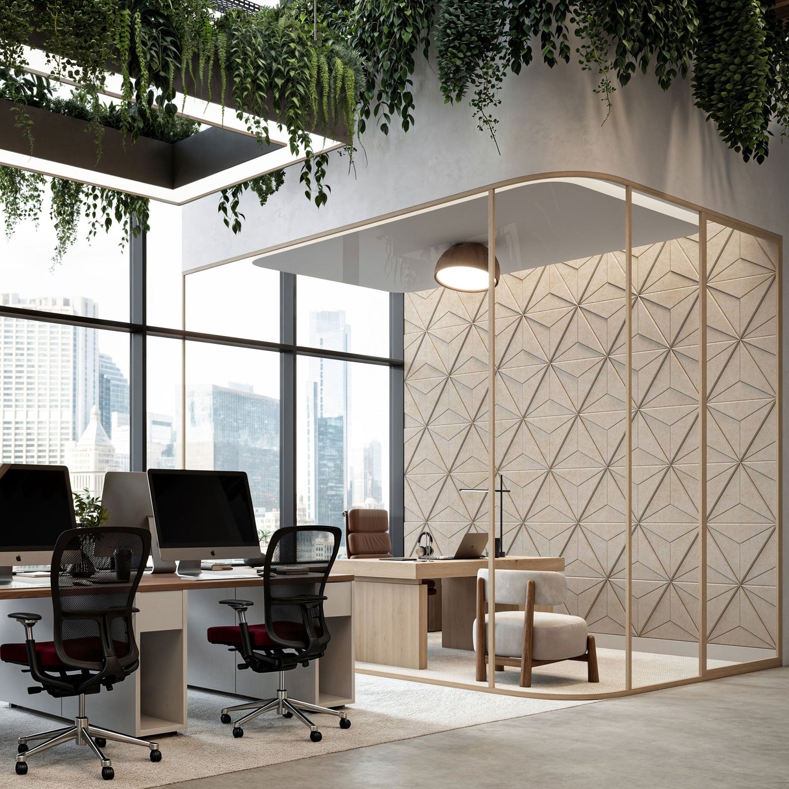 Method HarmonyCARV geometric acoustic tiles in a modern office.