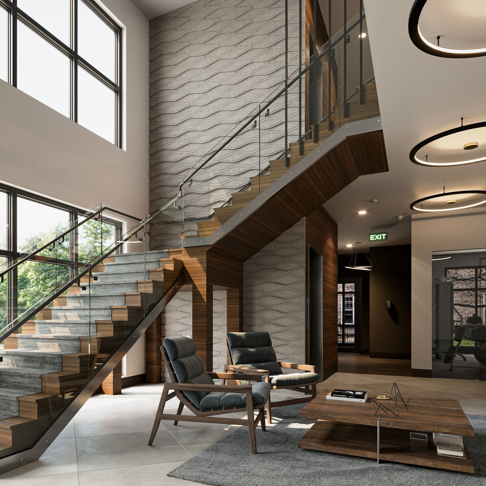 Origami HarmonyCARV acoustic wall tiles beside a modern staircase.