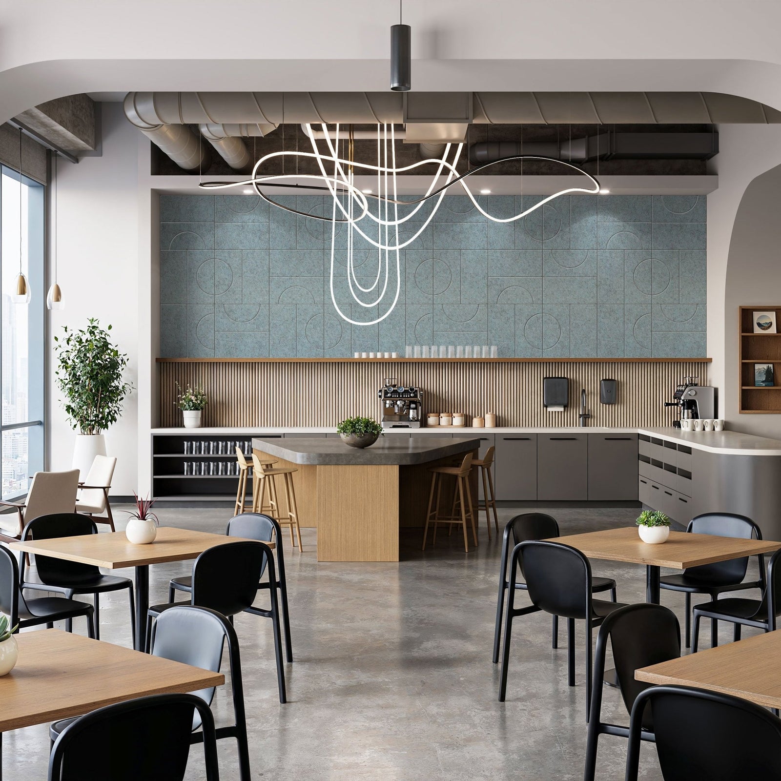 Parcel HarmonyCARV acoustic panels on a cafe feature wall.