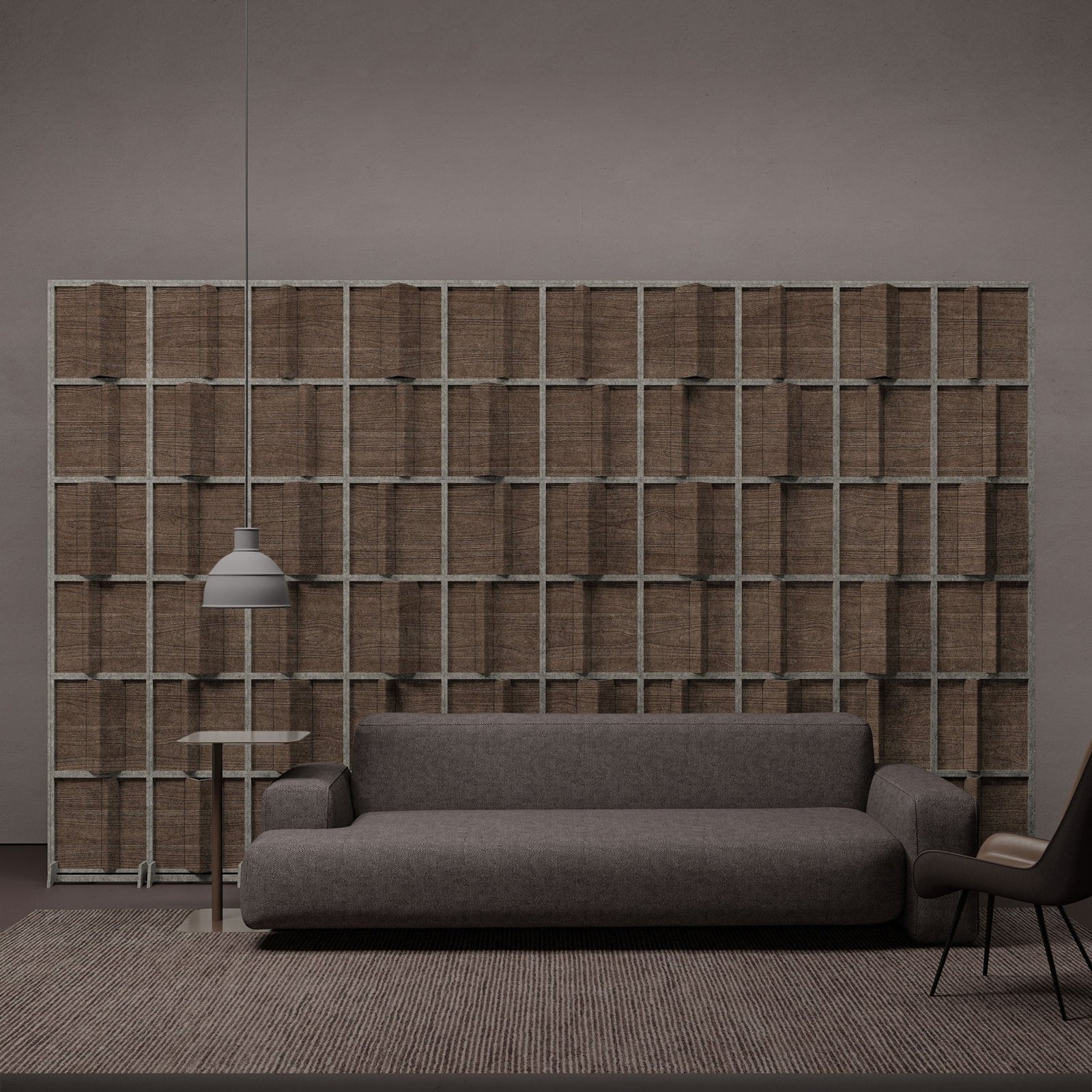 Pleat HarmonyBLOKS walnut room divider behind a gray sofa.