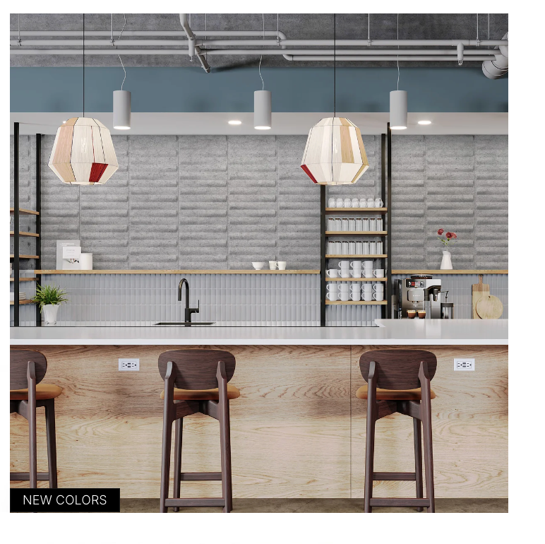 Gray acoustic felt wall panels and pendant lights in a modern retail cafe bar
