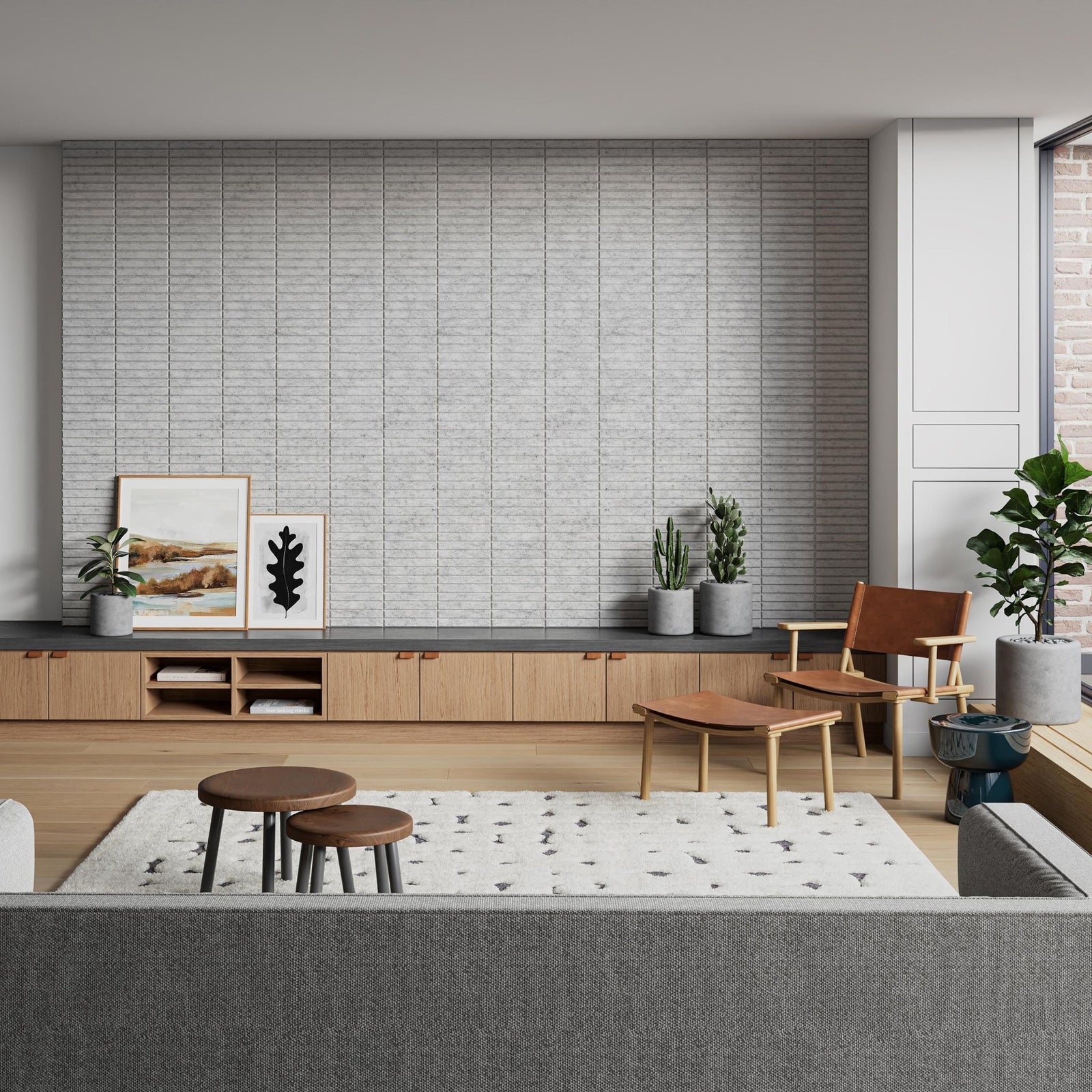 Ribbon HarmonyCARV horizontal acoustic panels in a modern living room.
