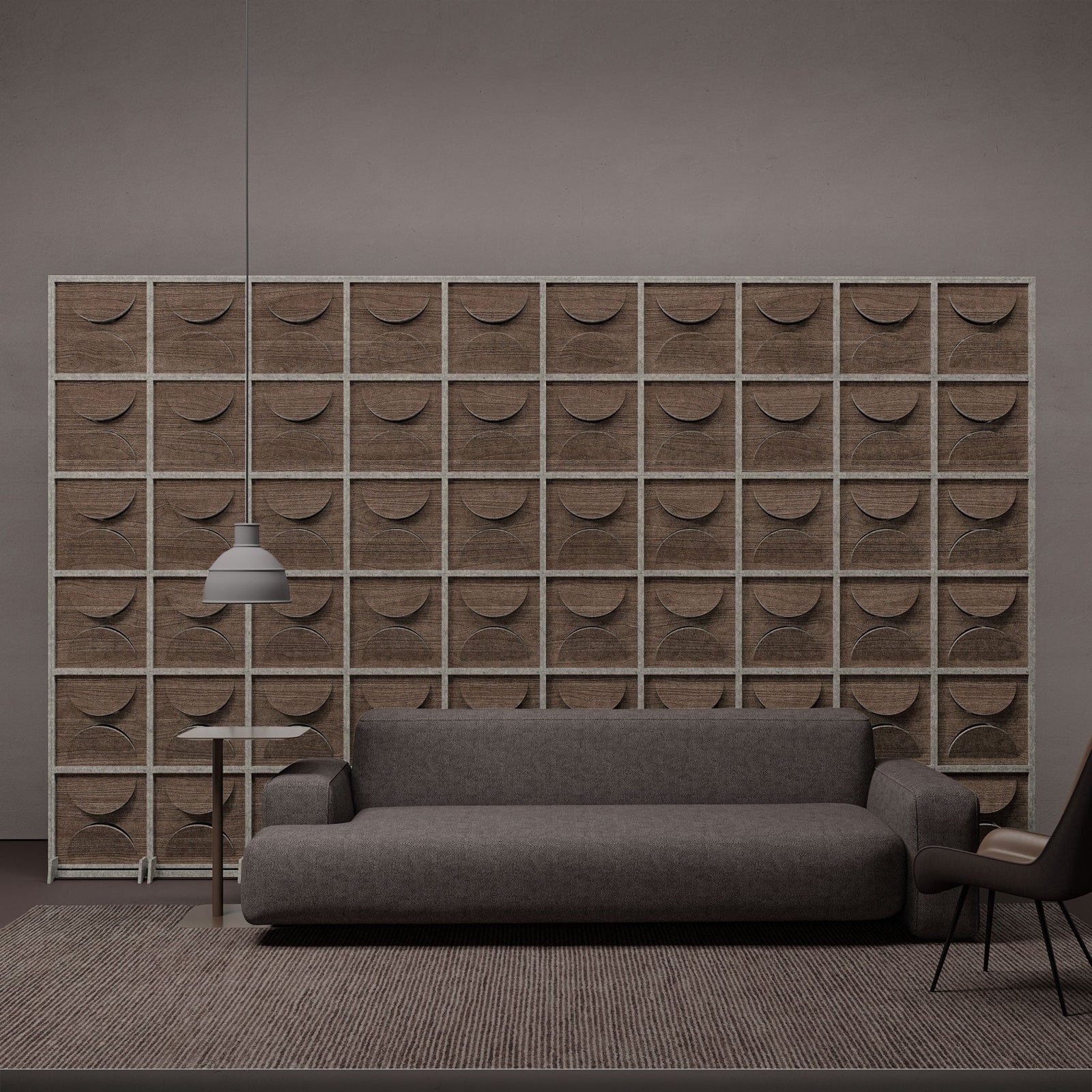 Semi HarmonyBLOKS walnut room divider behind a gray sofa.