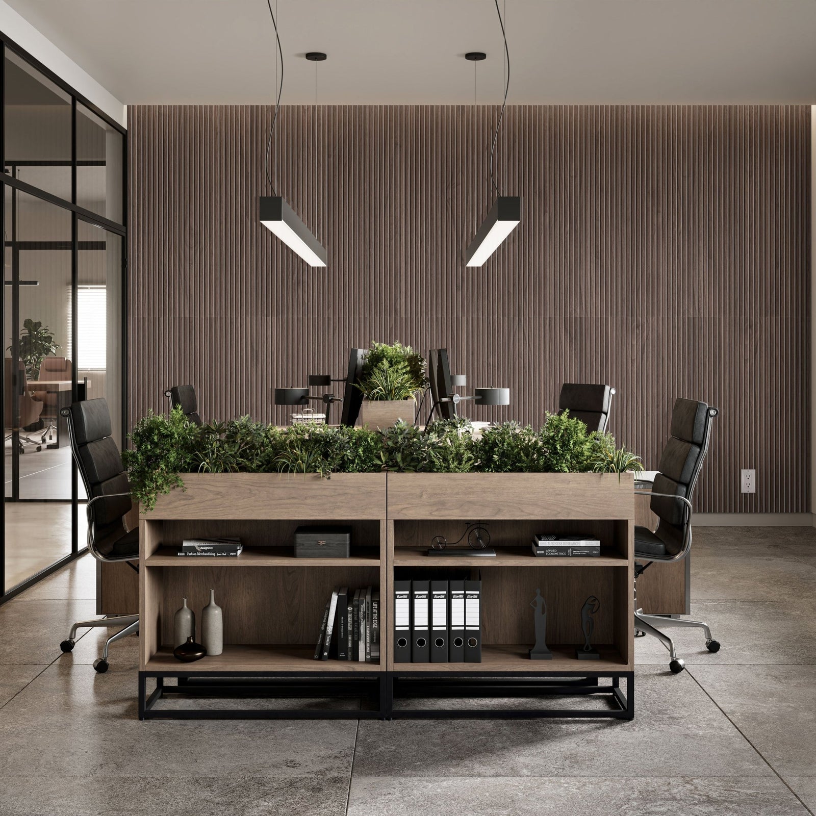 Slats HarmonyCARV walnut carved acoustic wall panel.
