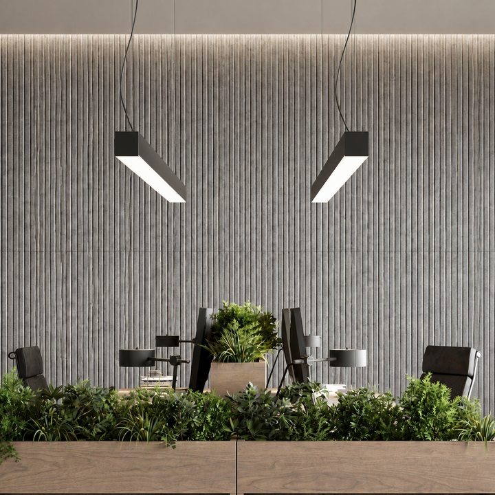 Close-up of Slats Narrow HarmonyCARV acoustic felt wall panels installed in a modern interior