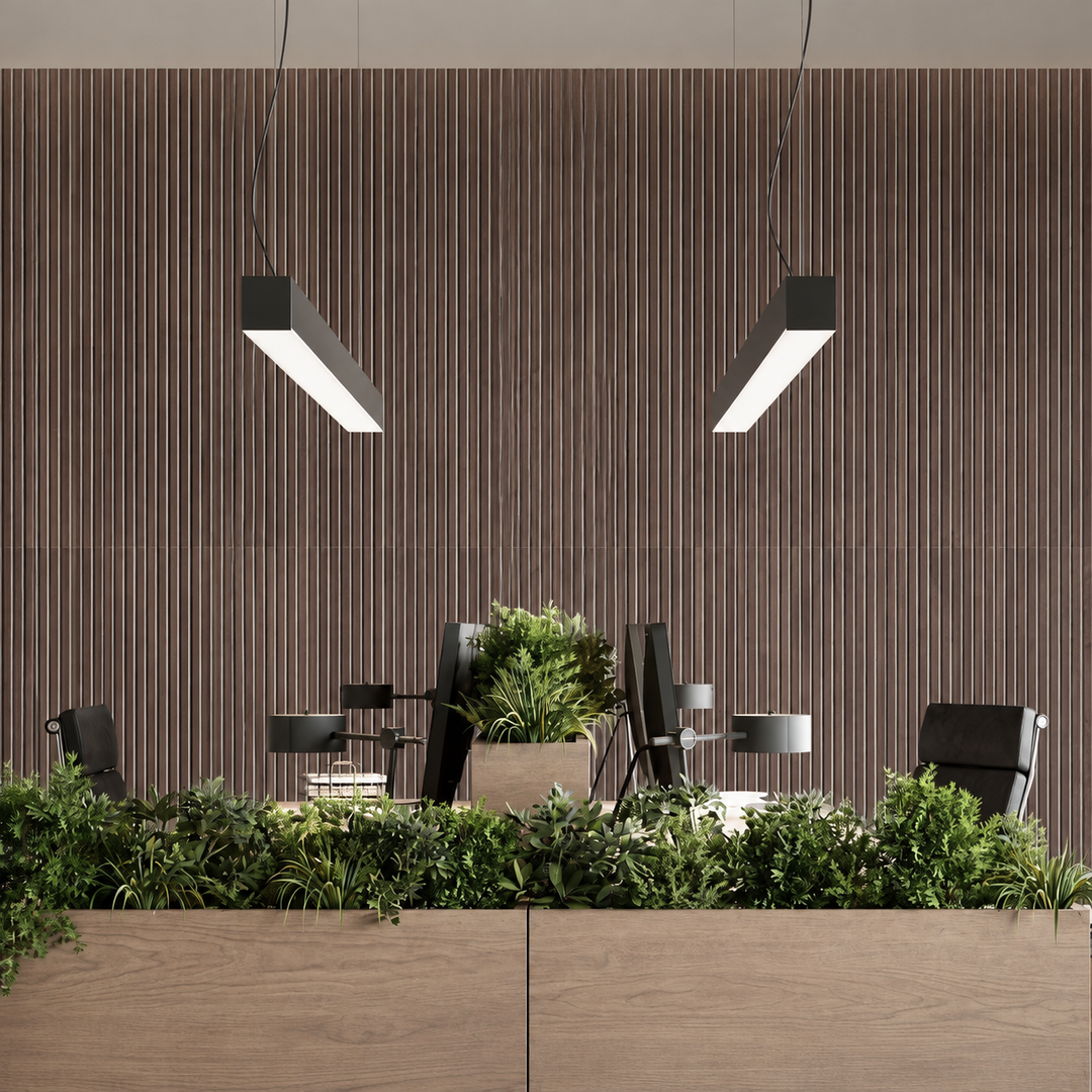Close-up of Slats Narrow Overlay HarmonyCARV acoustic felt wall panels installed in a modern interior