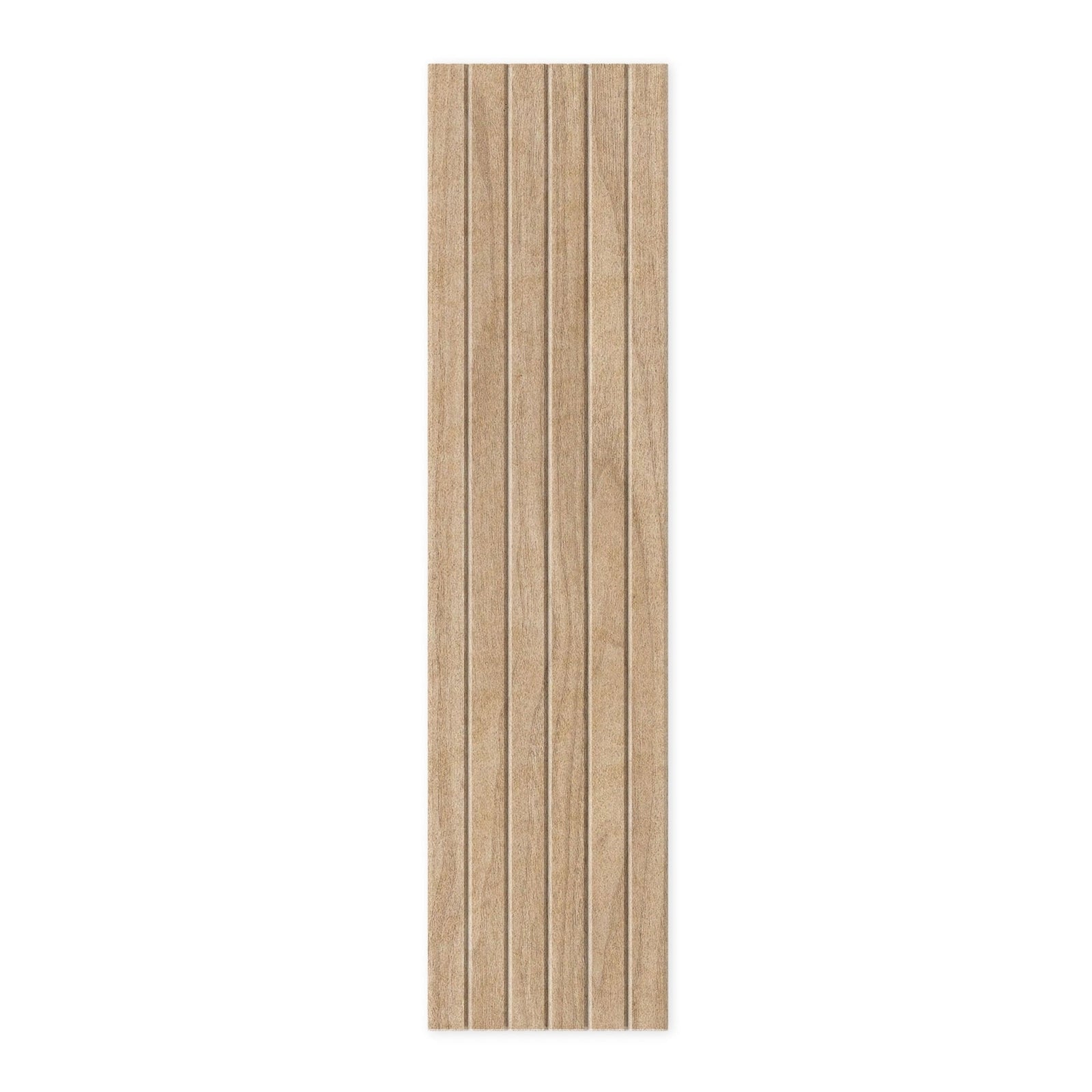 Slats HarmonyCARV natural wood-grain acoustic wall panel by Inhabit.