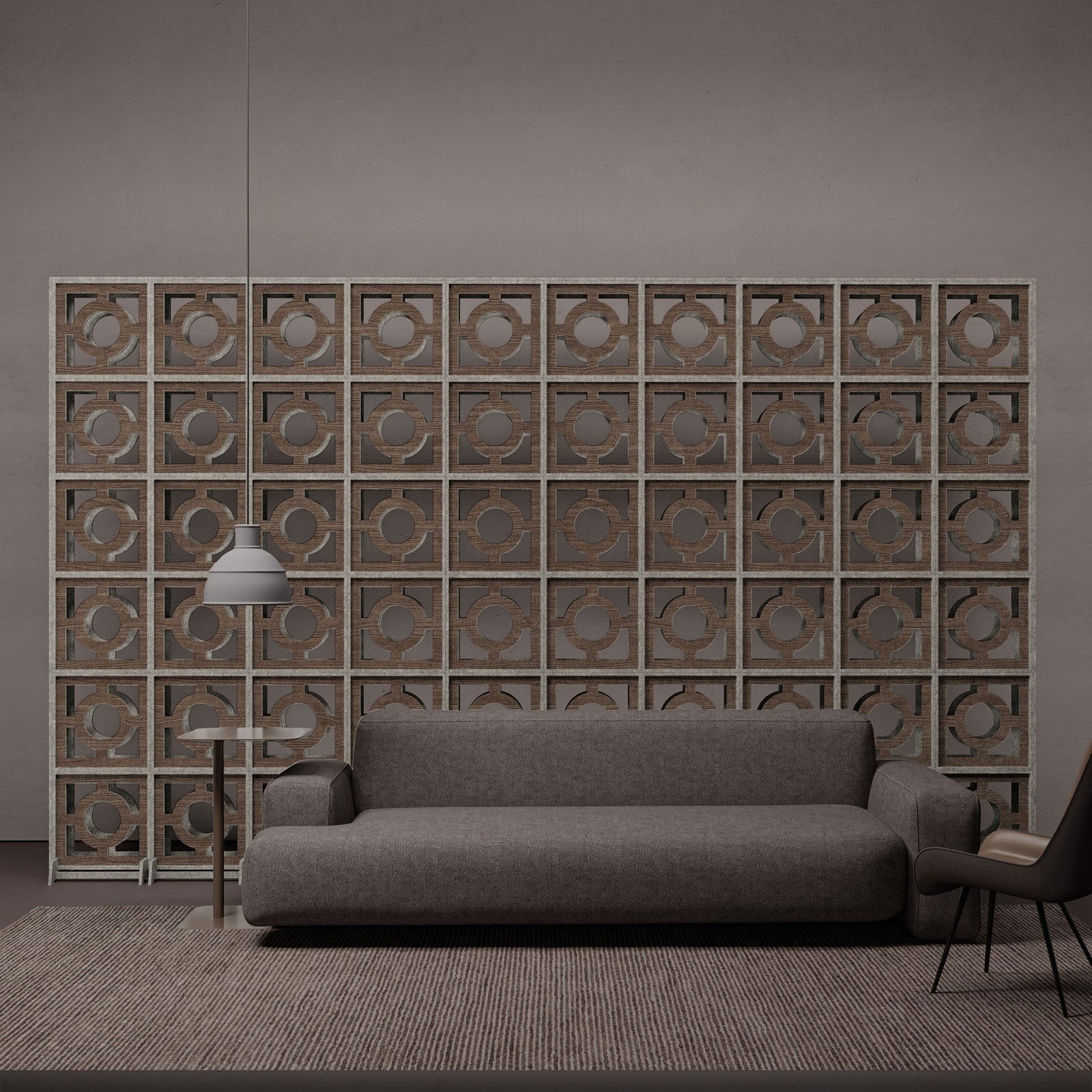 Sprue HarmonyBLOKS walnut room divider in a modern lounge.