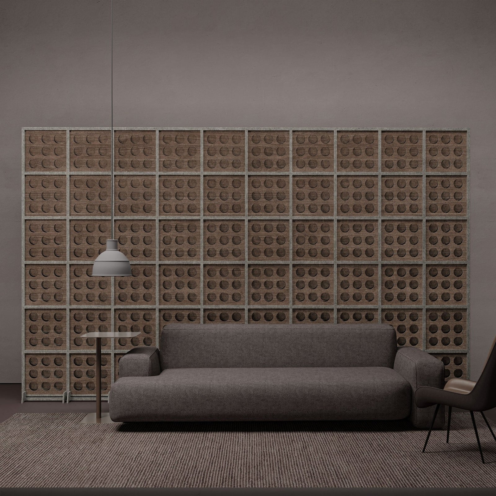 Tessell HarmonyBLOKS walnut room divider in a modern lounge.