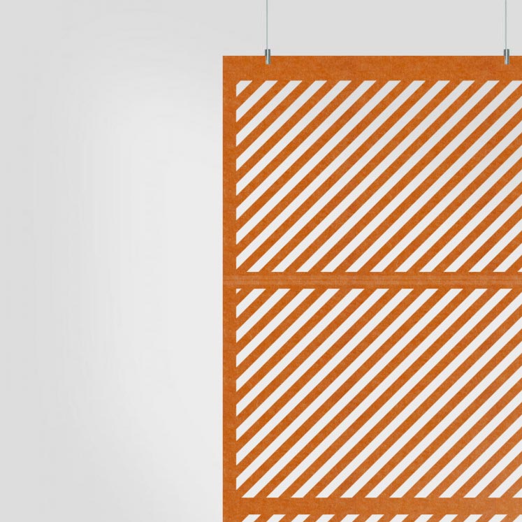 Slant HarmonyDIVDR hanging panels used as an acoustic room divider.
