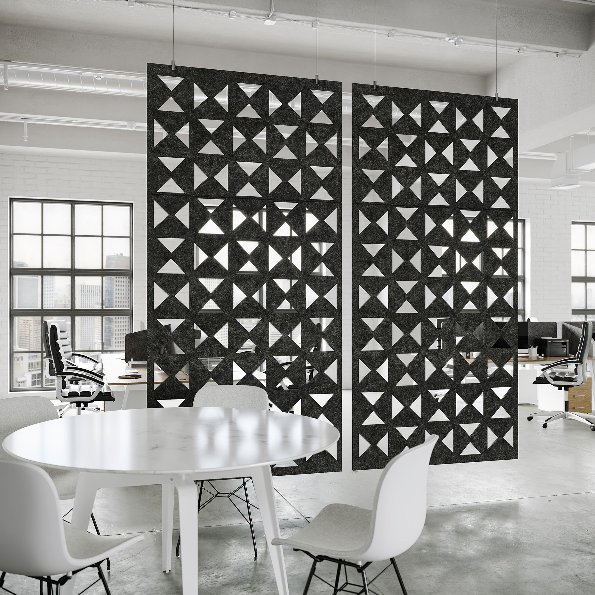 Black Angle HarmonyDIVDR acoustic felt hanging panels dividing a modern meeting area