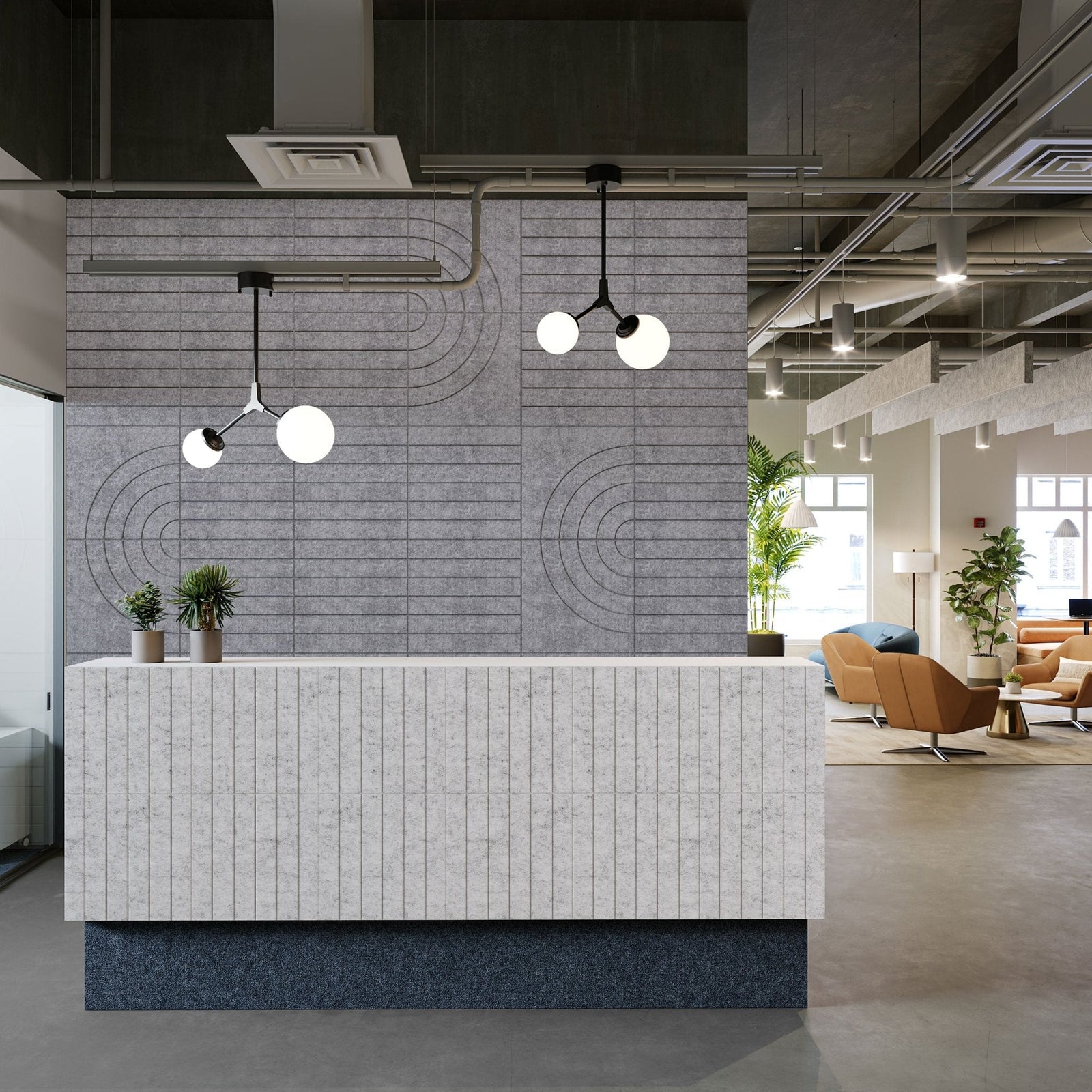 Arc HarmonyCARV acoustic wall panels behind a reception desk in a modern office
