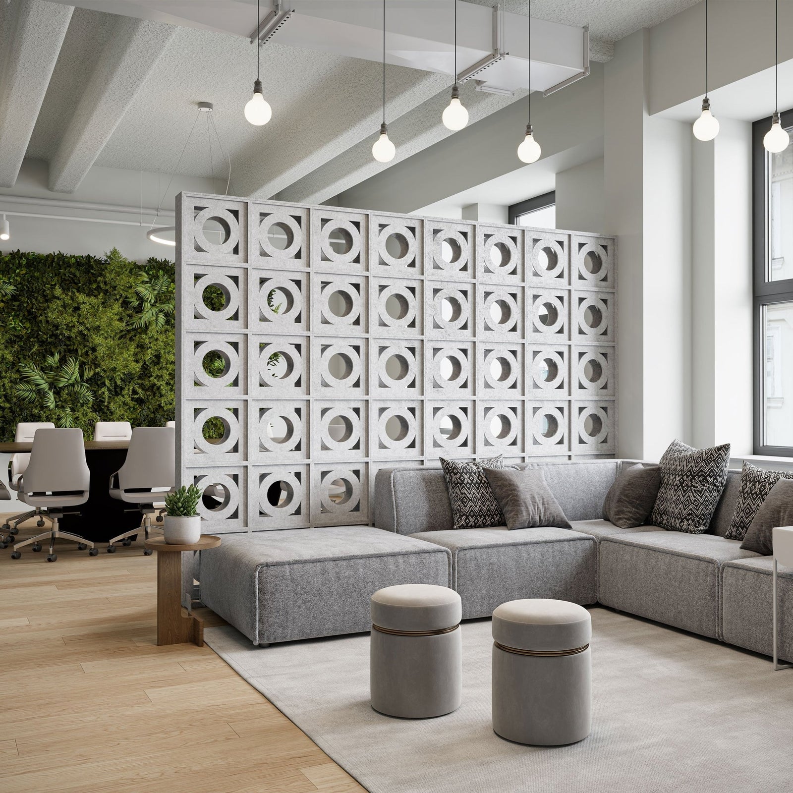 White Canopy HarmonyBLOKS room divider separating a modern office lounge